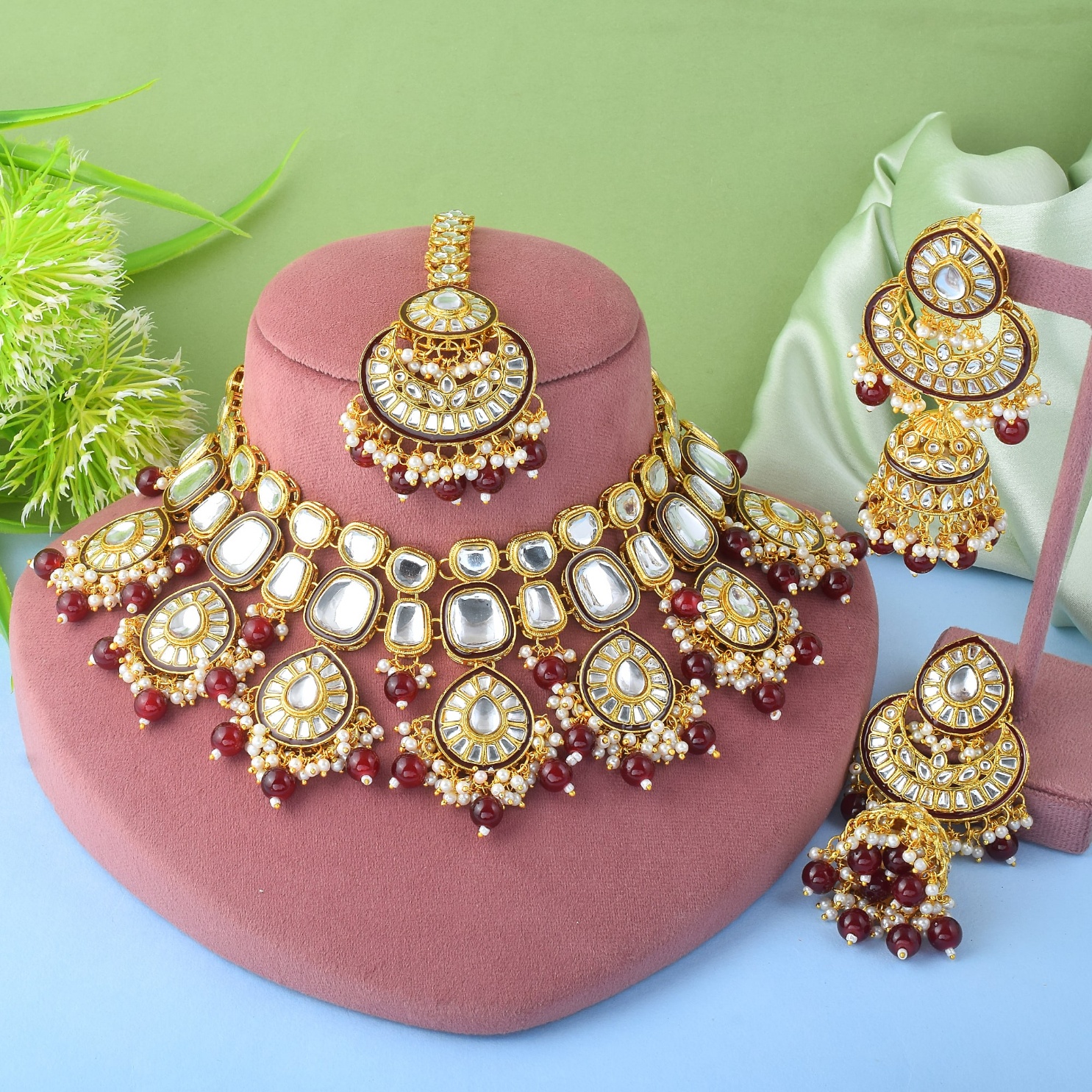 Maroon Rajwadi Kundan Bridal Jewellery Set