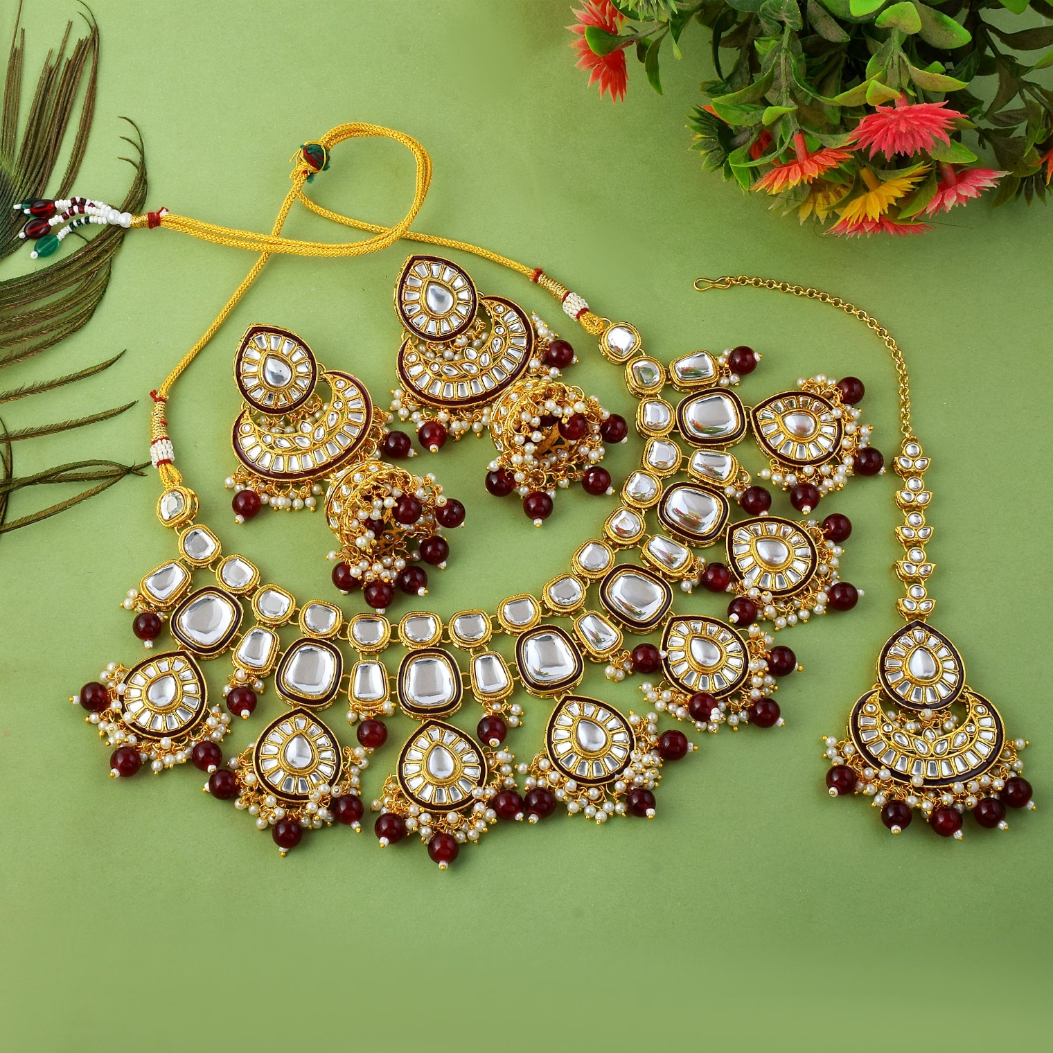 Maroon Rajwadi Kundan Bridal Jewellery Set — alternate view