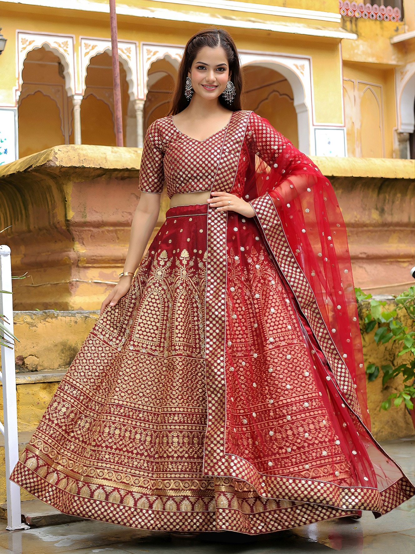 Maroon Raw Silk Heritage Flared Lehenga Choli