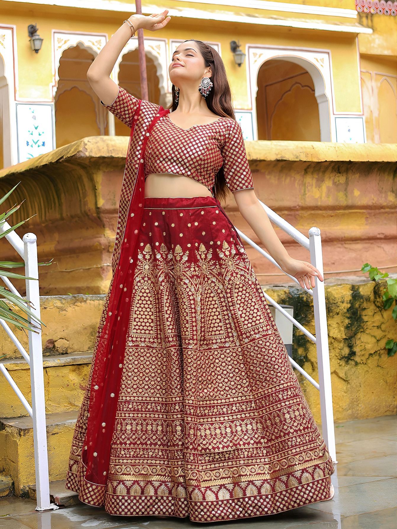 Maroon Raw Silk Heritage Flared Lehenga Choli