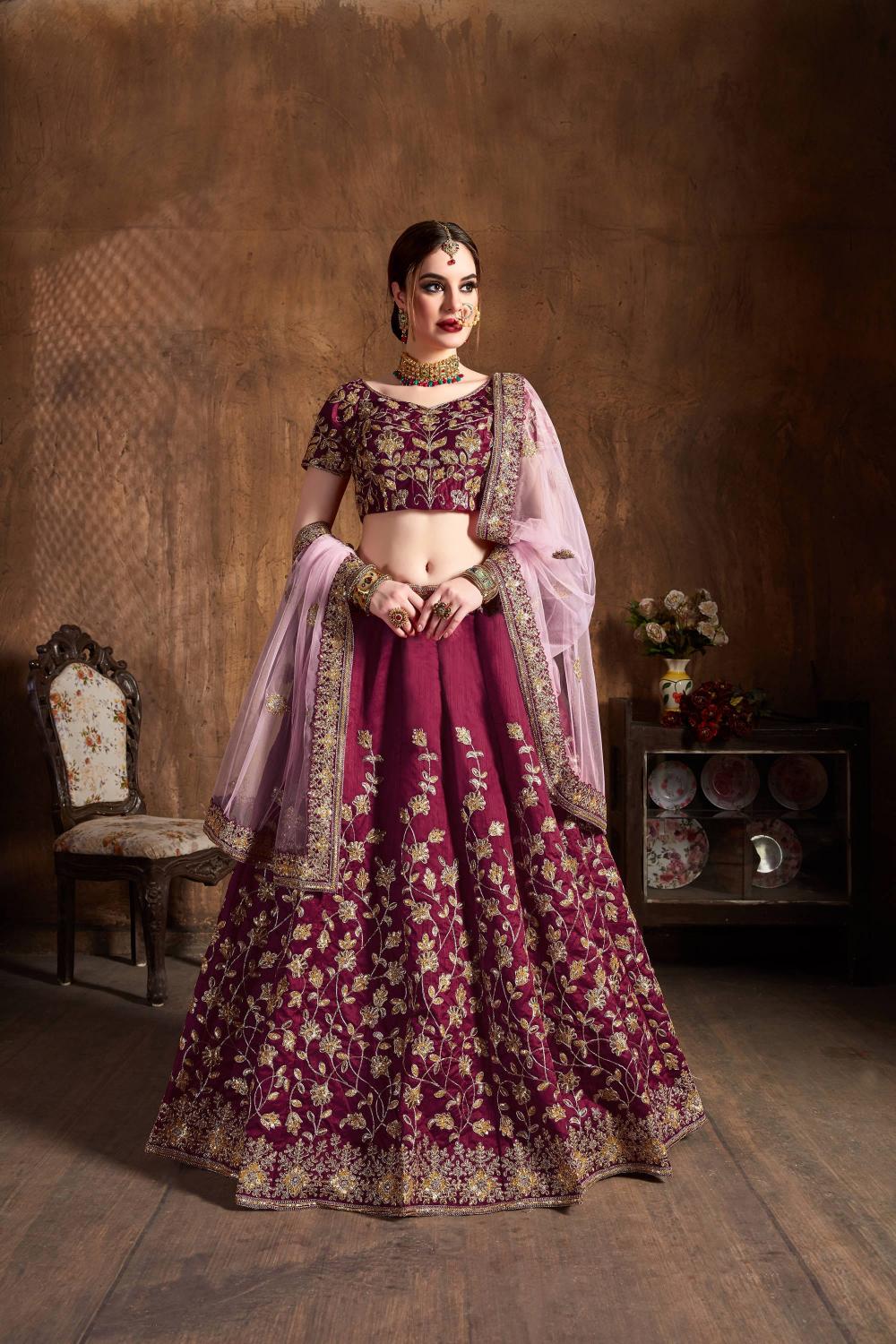 Maroon Raw Silk Lehenga Choli