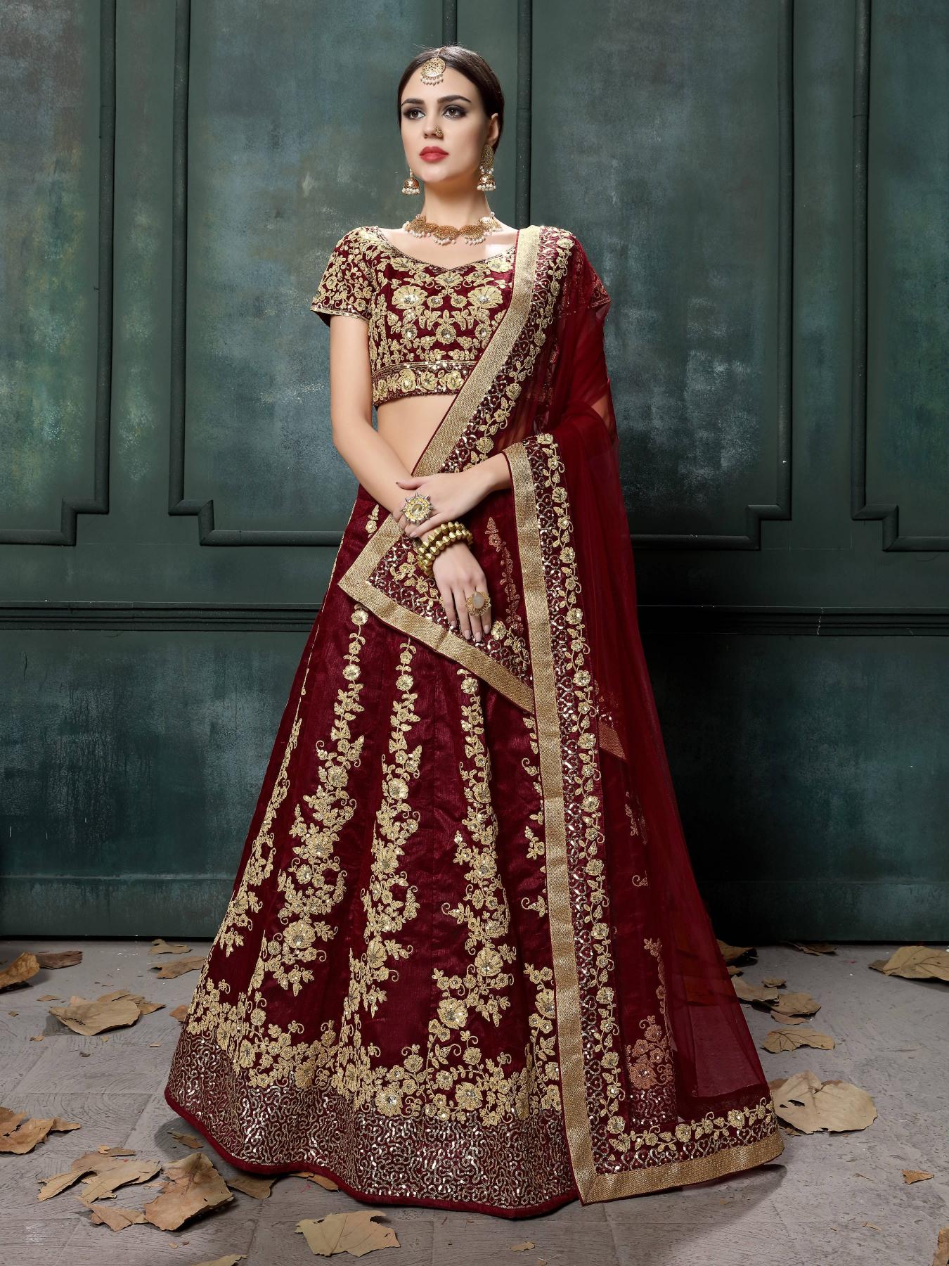 Maroon Raw Silk Sequins Lehenga Choli
