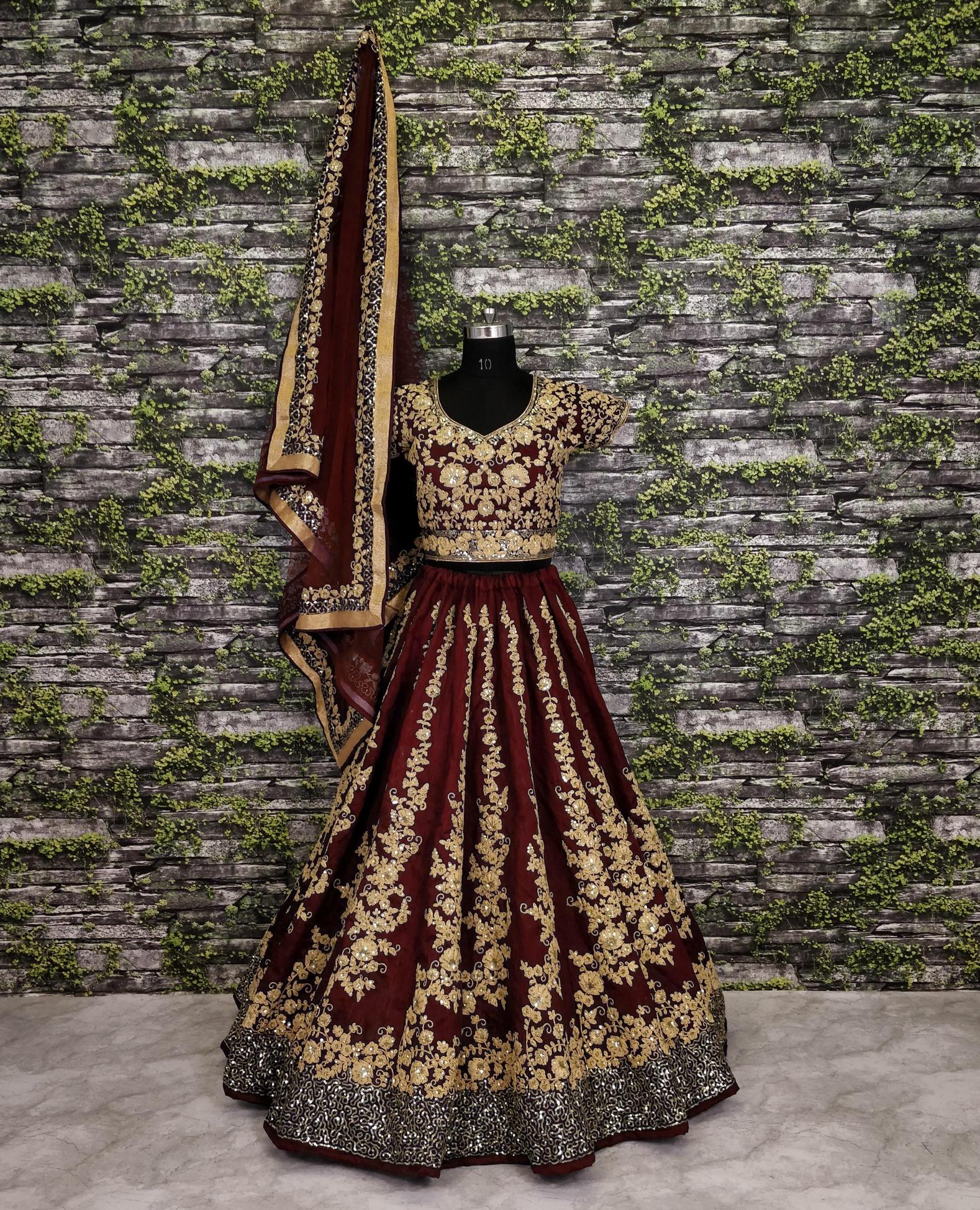 Maroon Raw Silk Sequins Lehenga Choli