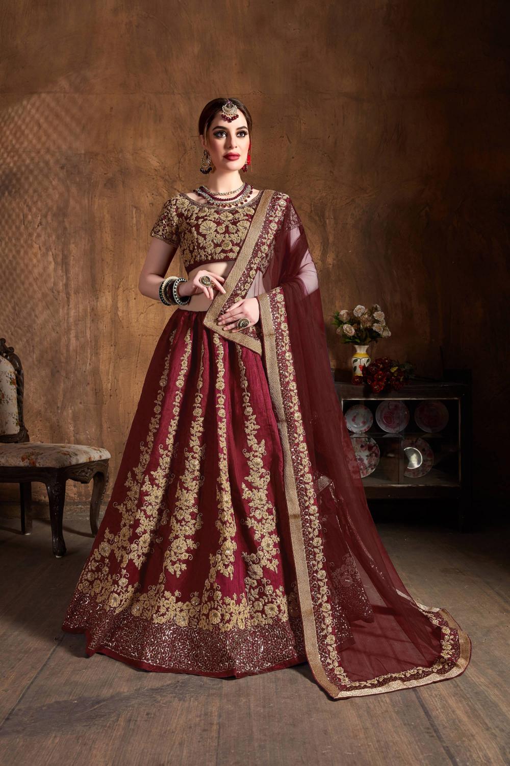 Maroon Raw Silk Umbrella Lehenga Choli