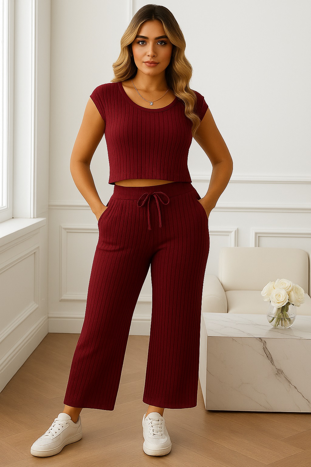 Maroon Ribbed Designer Co Ord Set