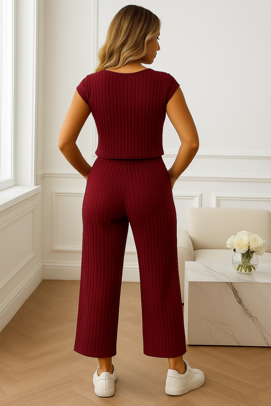 Maroon Ribbed Designer Co Ord Set — alternate view