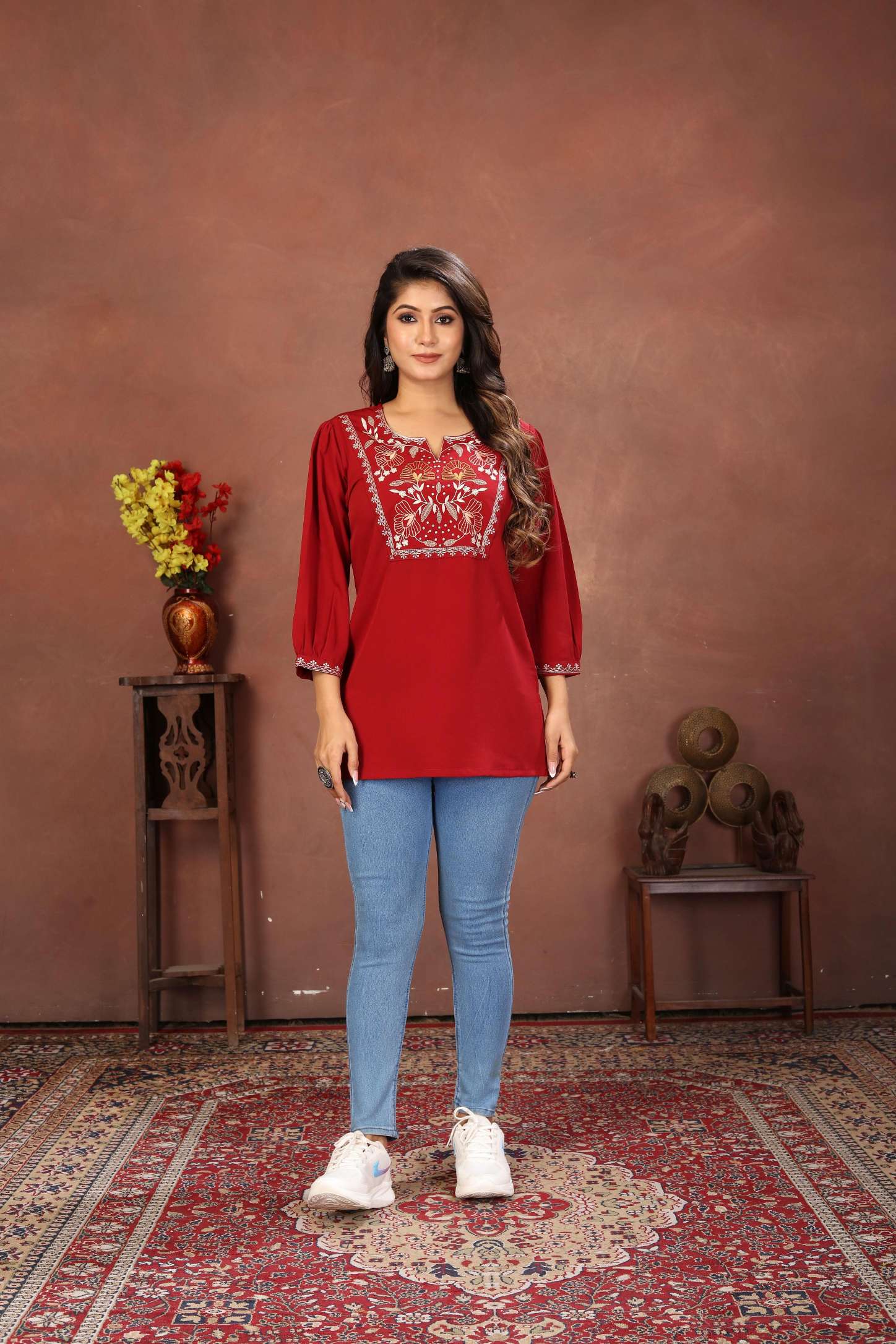 Maroon Rinkal Cotton Embroidered Short Kurti