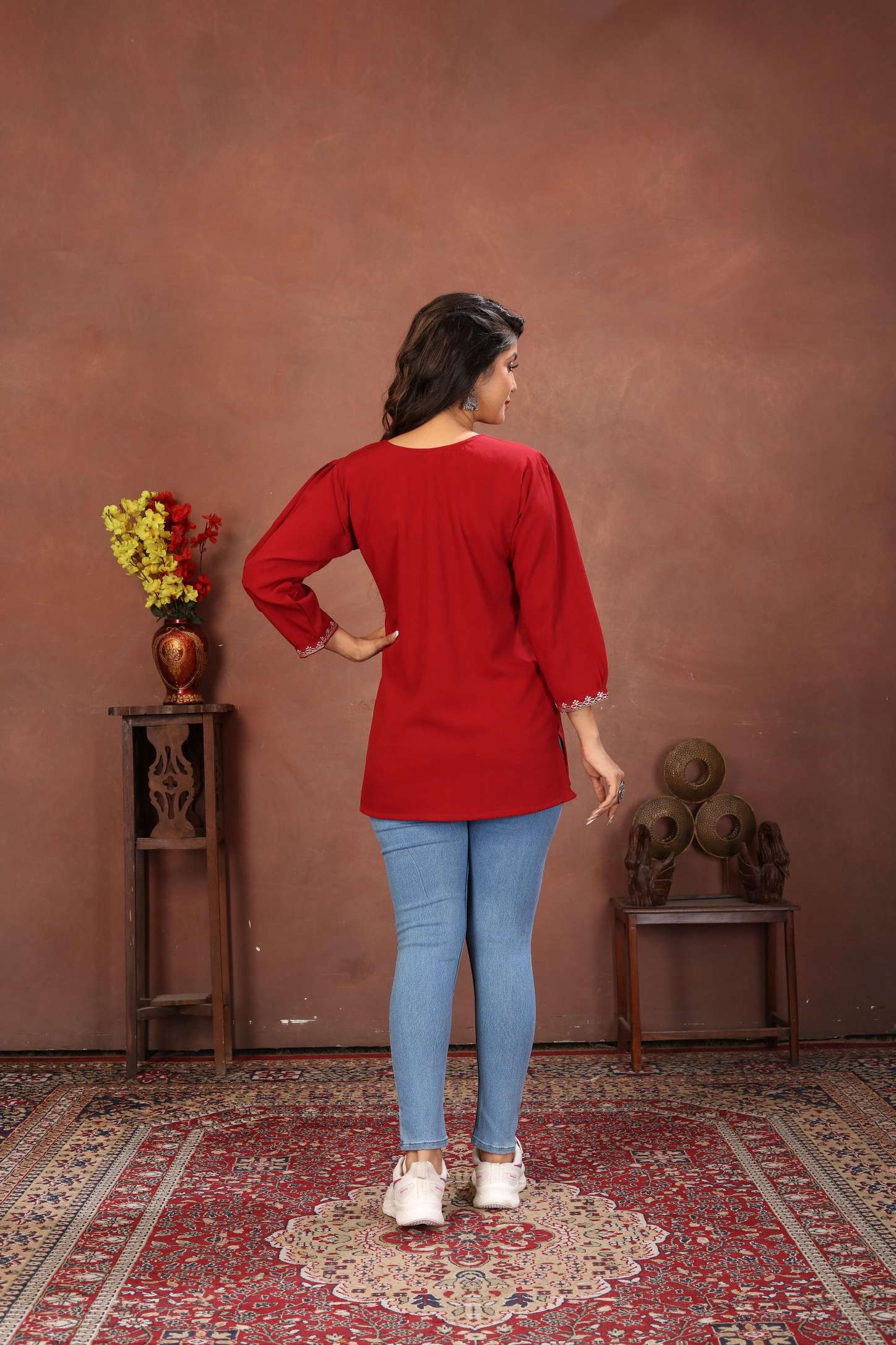 Maroon Rinkal Cotton Embroidered Short Kurti — alternate view