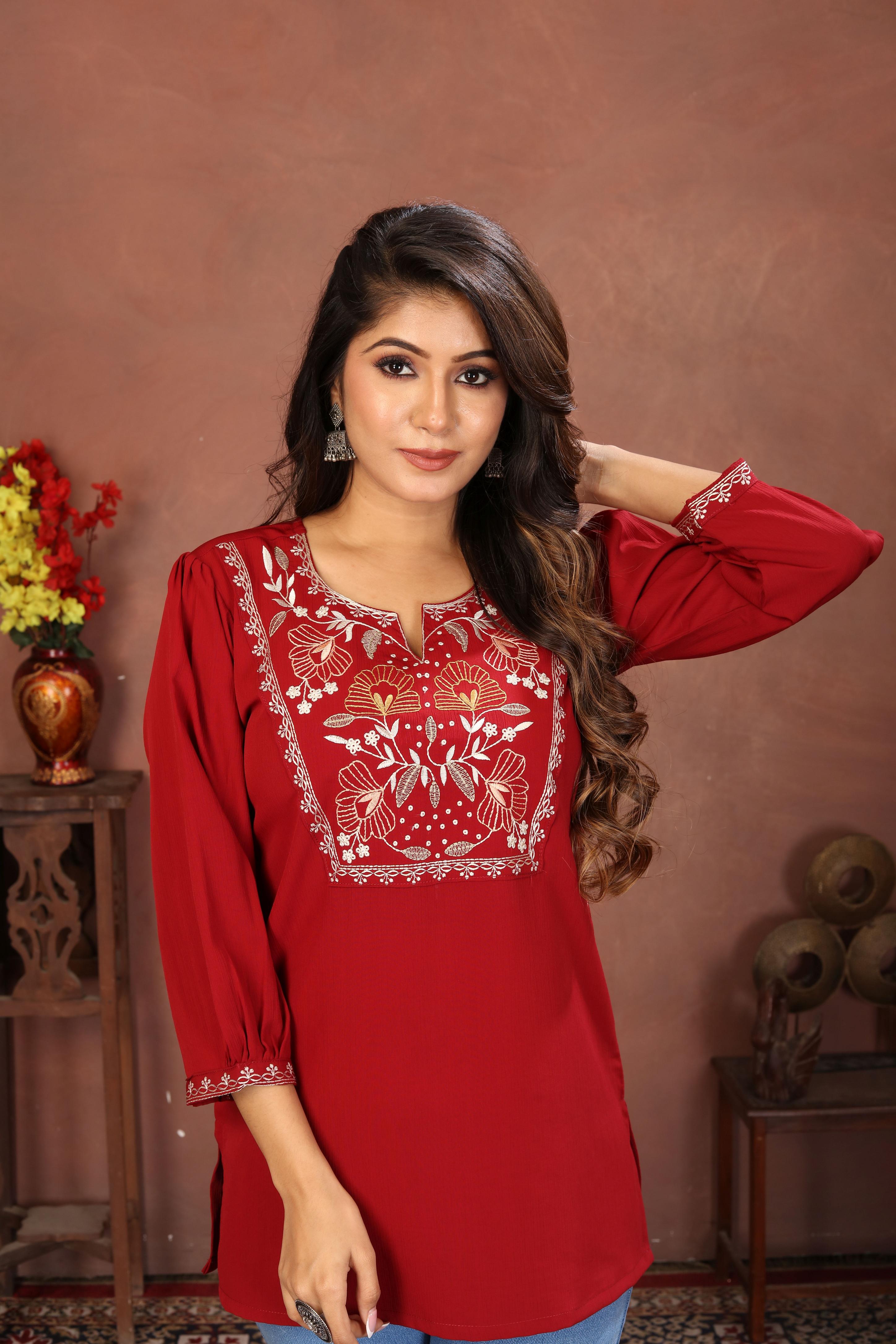 Maroon Rinkal Cotton Embroidered Short Kurti