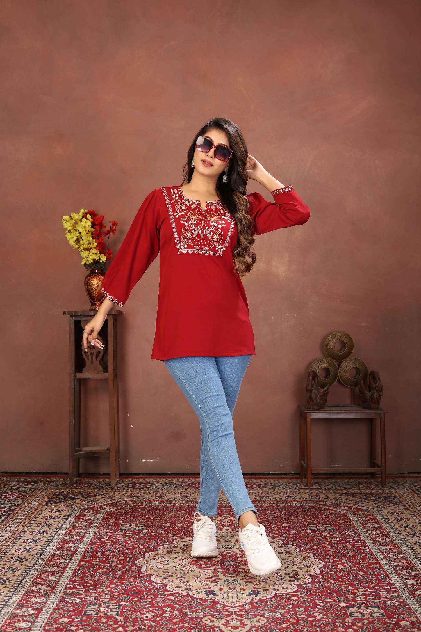 Maroon Rinkal Cotton Embroidered Short Kurti
