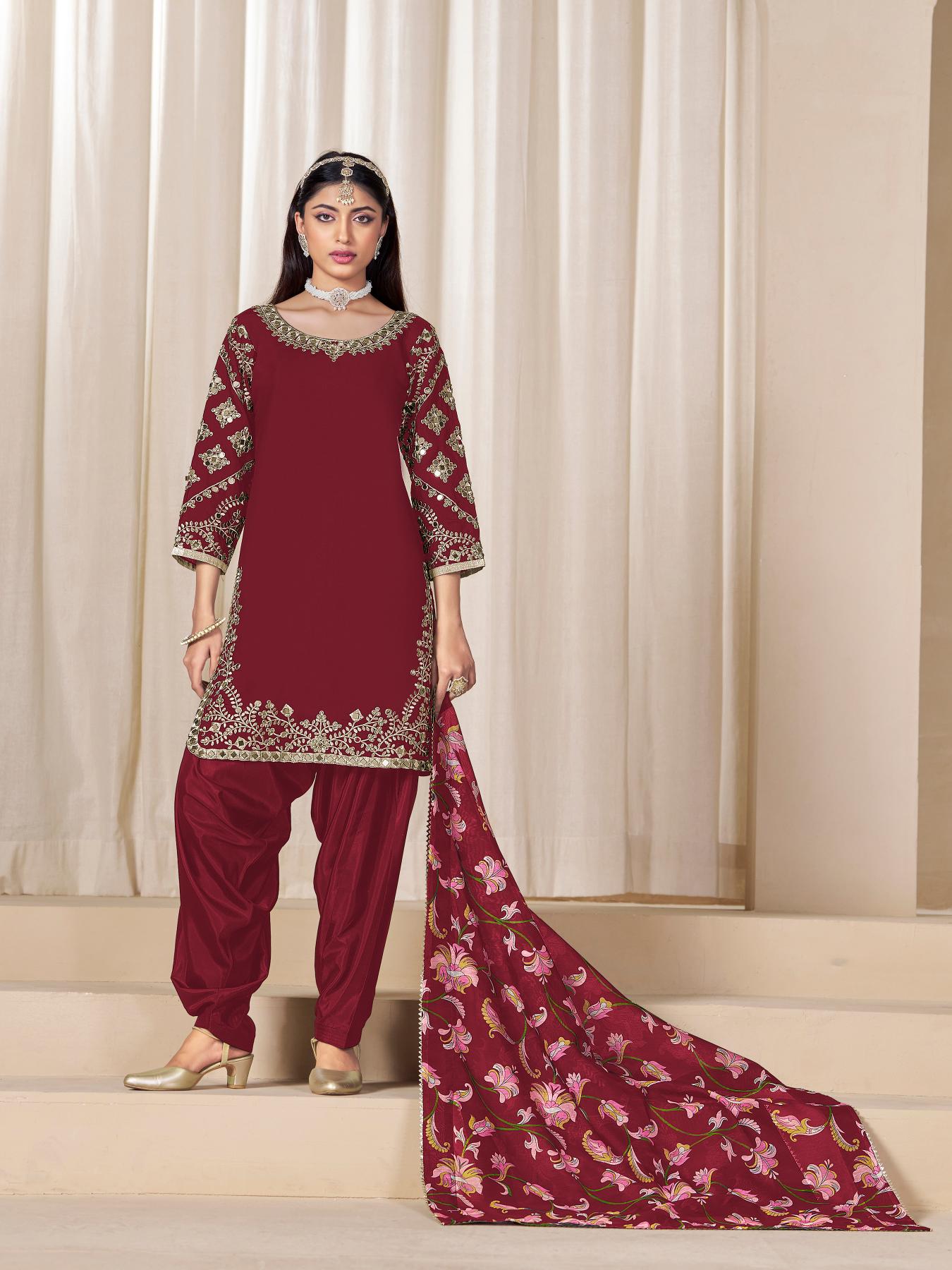 Maroon Roman Silk Patiala Suit