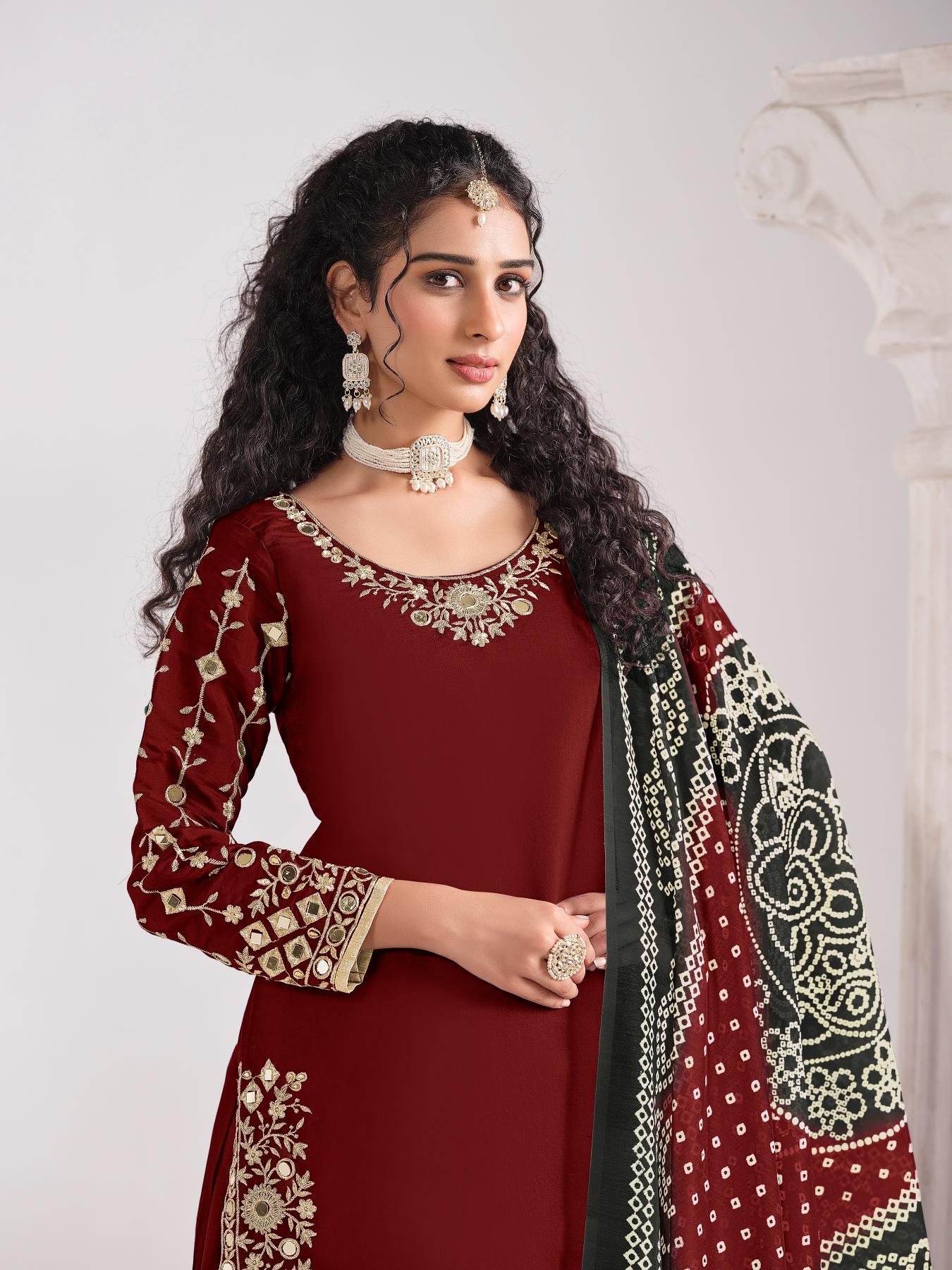 Maroon Roman Silk Salwar Suits — alternate view