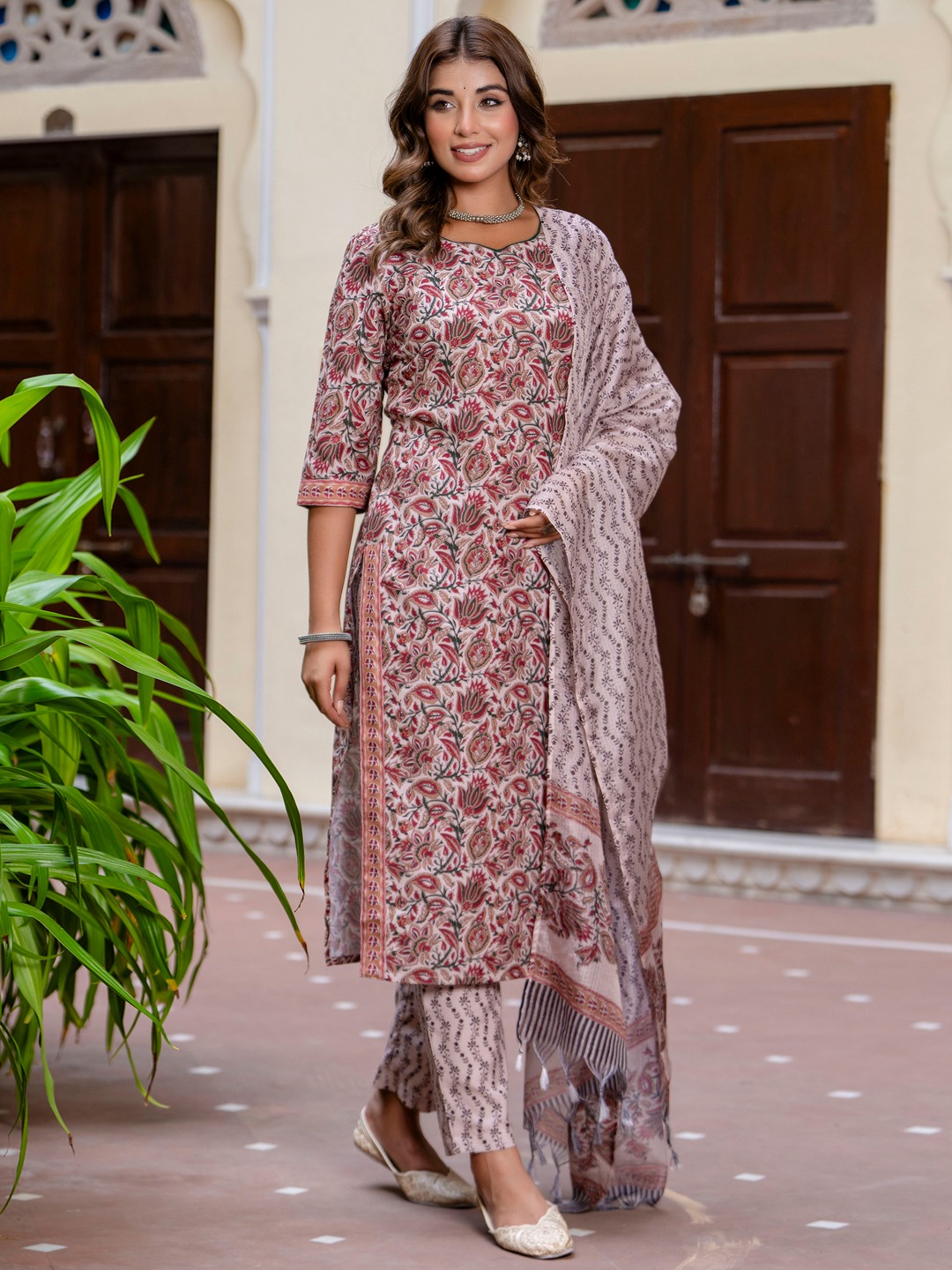 Maroon Round Neck Floral Printed Cotton Suit Set