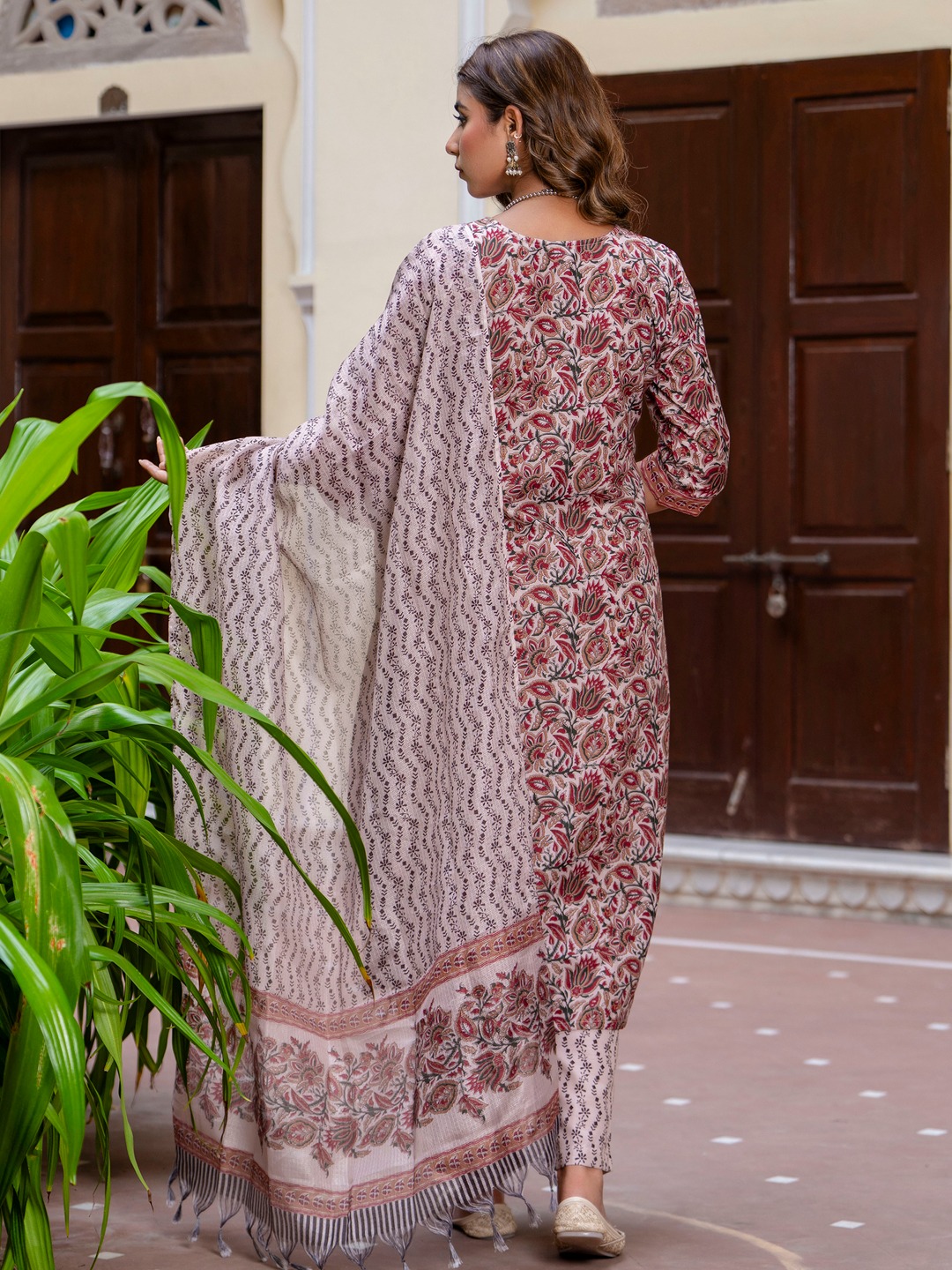 Maroon Round Neck Floral Printed Cotton Suit Set — alternate view
