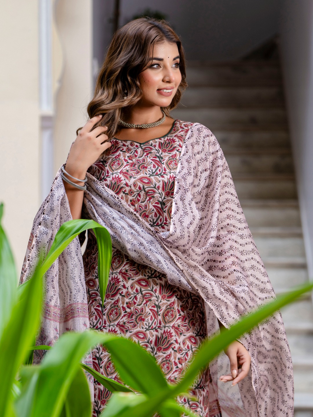 Maroon Round Neck Floral Printed Cotton Suit Set