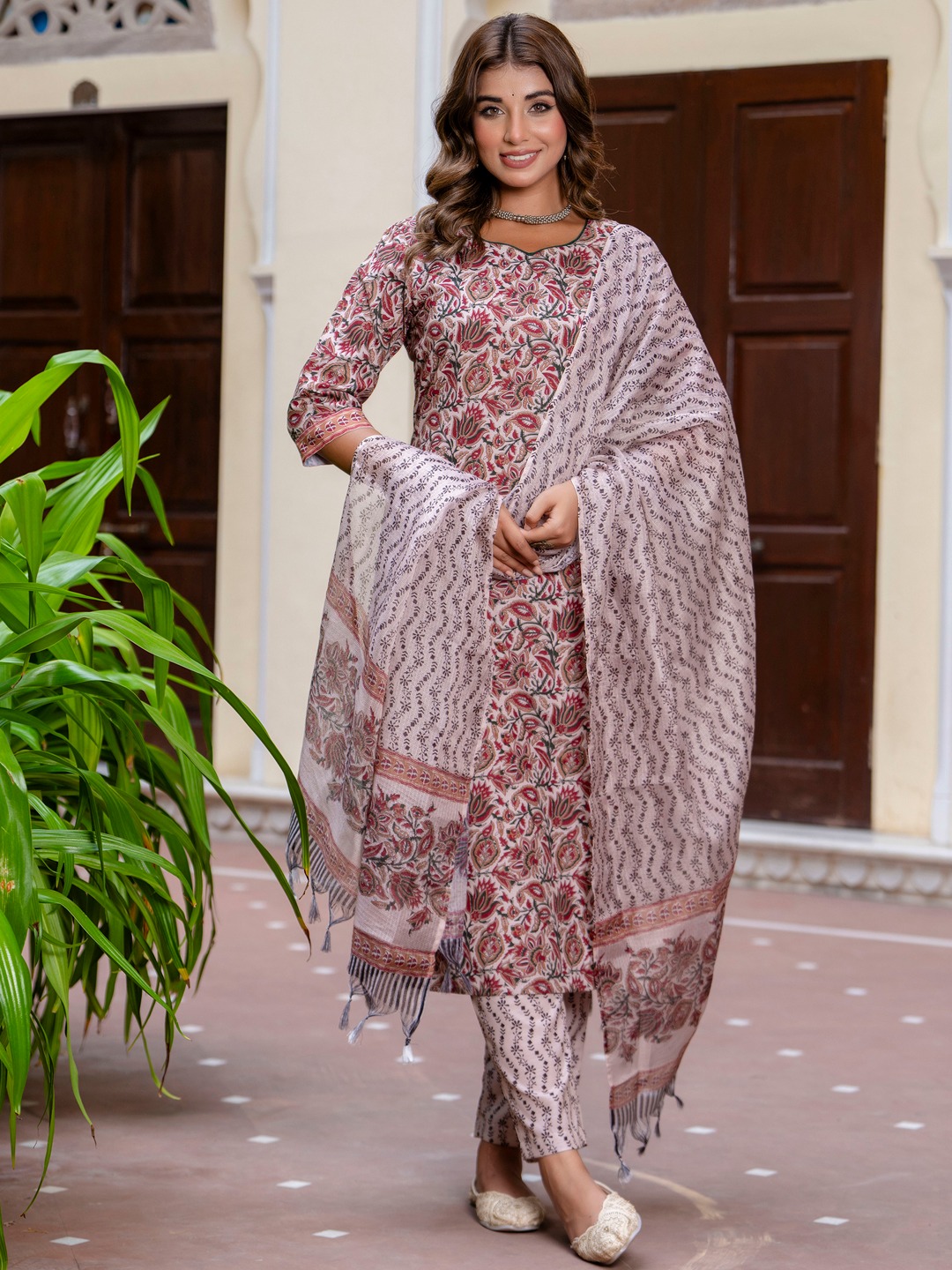 Maroon Round Neck Floral Printed Cotton Suit Set