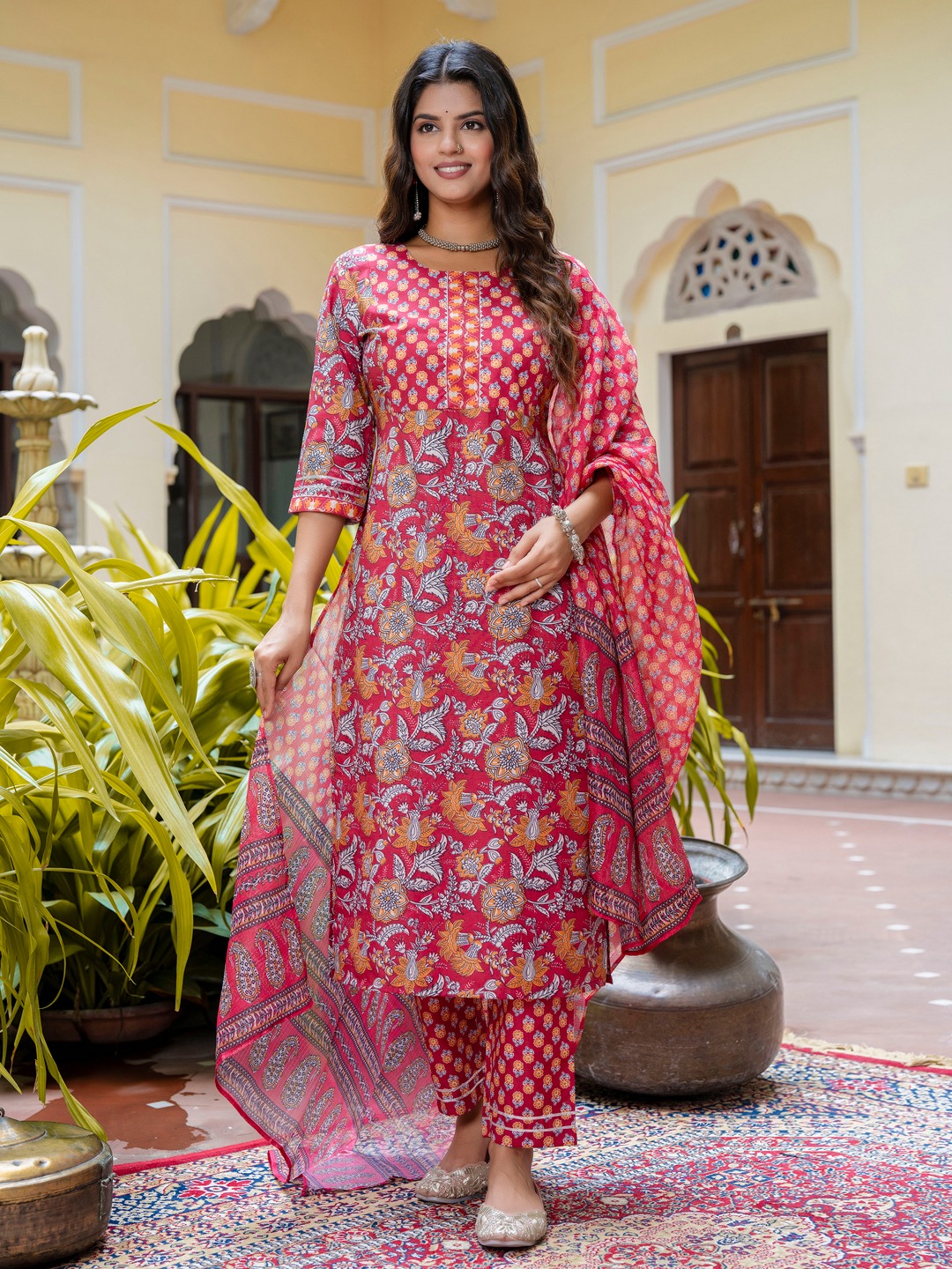 Maroon Round Neck Heritage Floral Cotton Suit