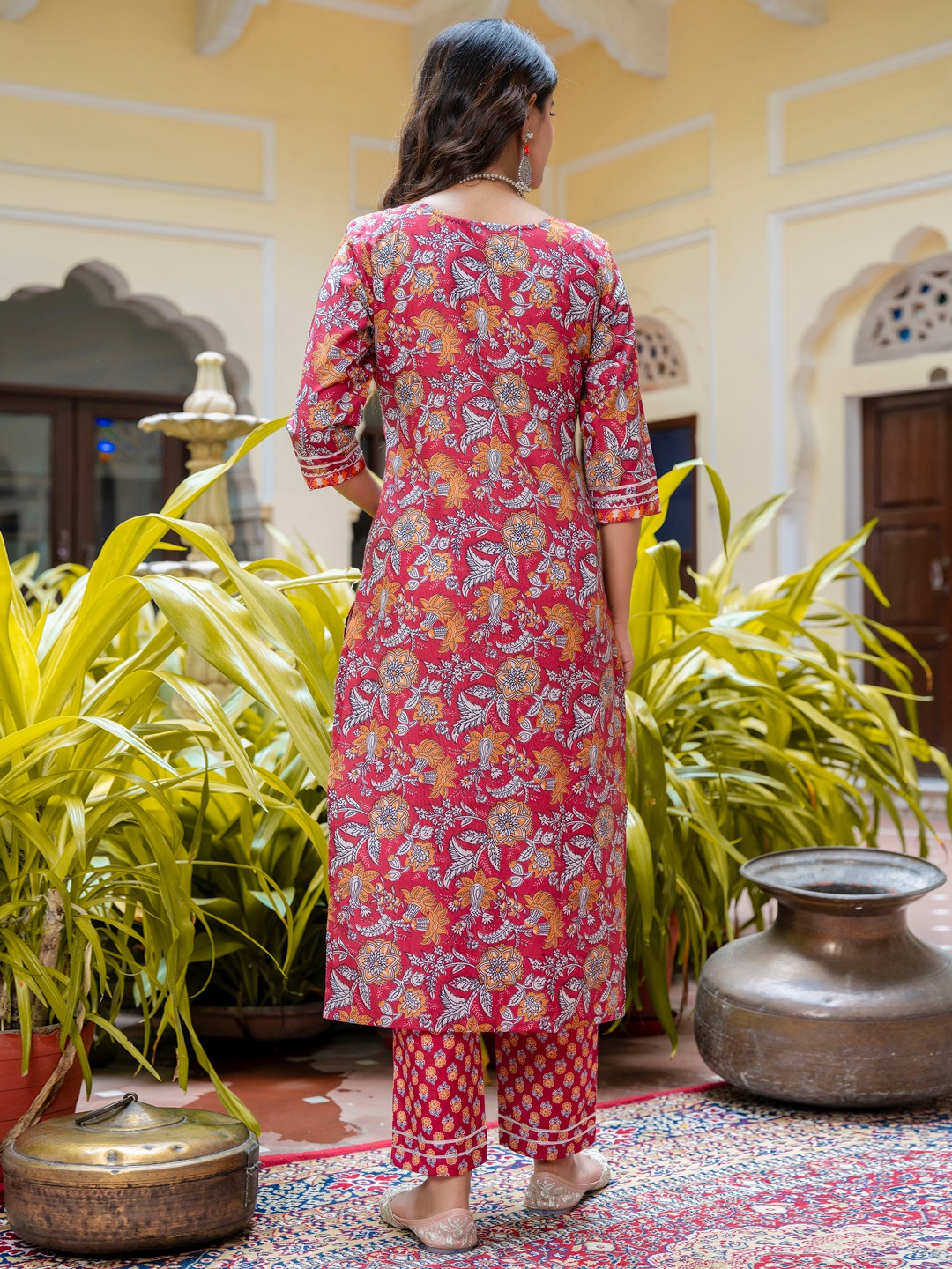 Maroon Round Neck Heritage Floral Cotton Suit — alternate view