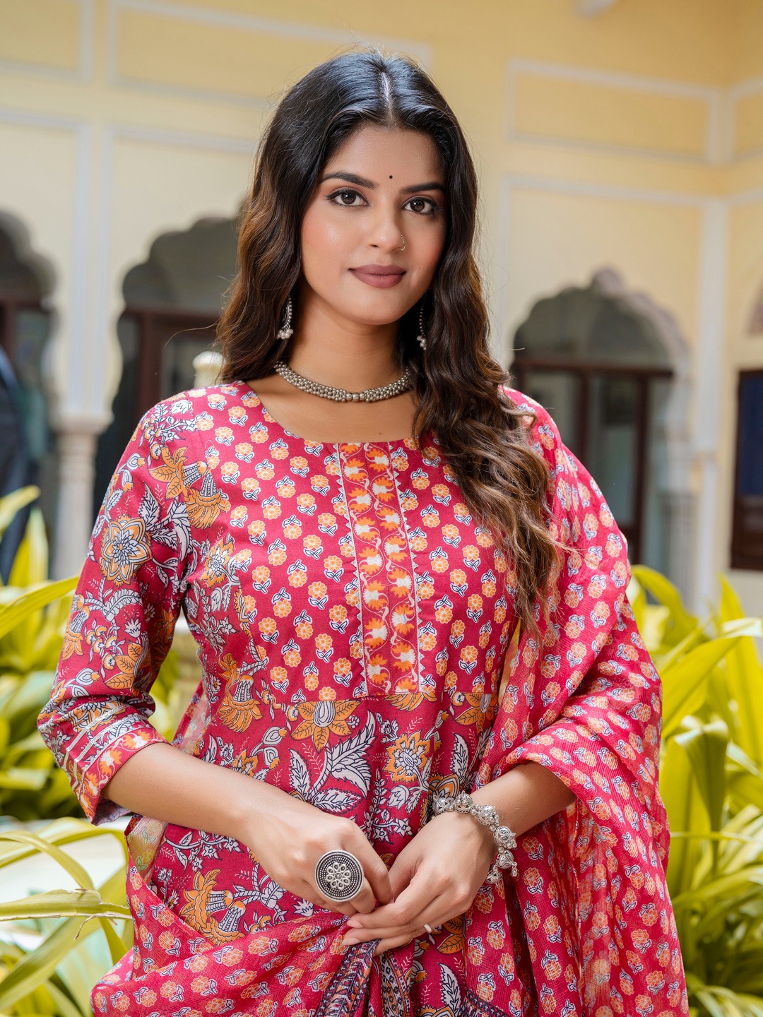 Maroon Round Neck Heritage Floral Cotton Suit