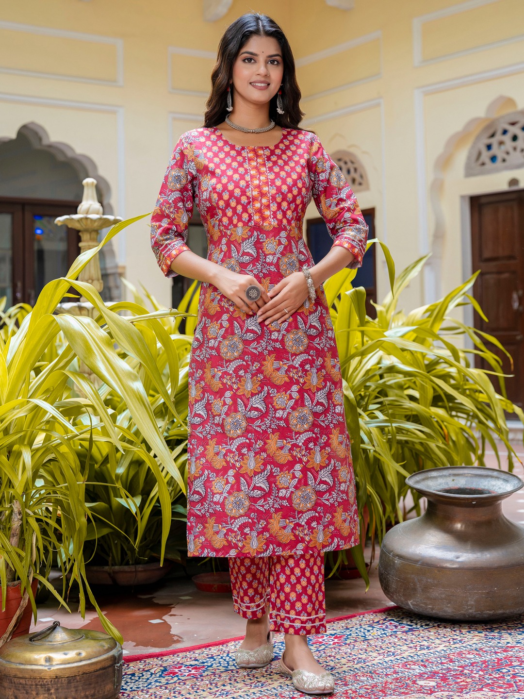 Maroon Round Neck Heritage Floral Cotton Suit
