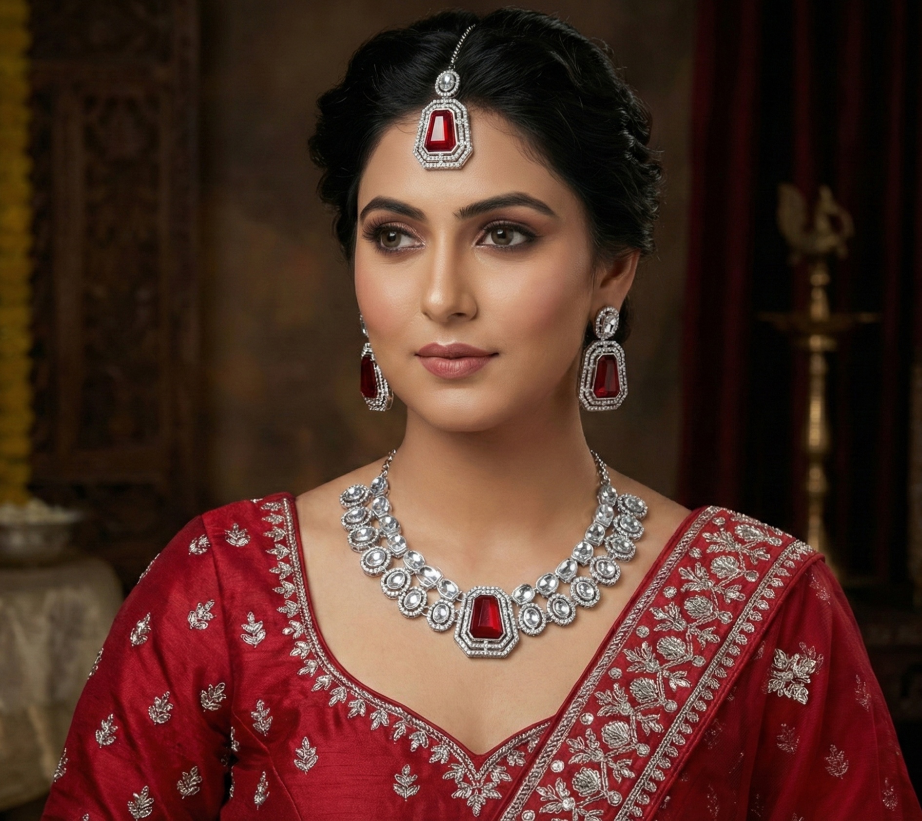 Maroon Royale Stone Alloy Bridal Necklace