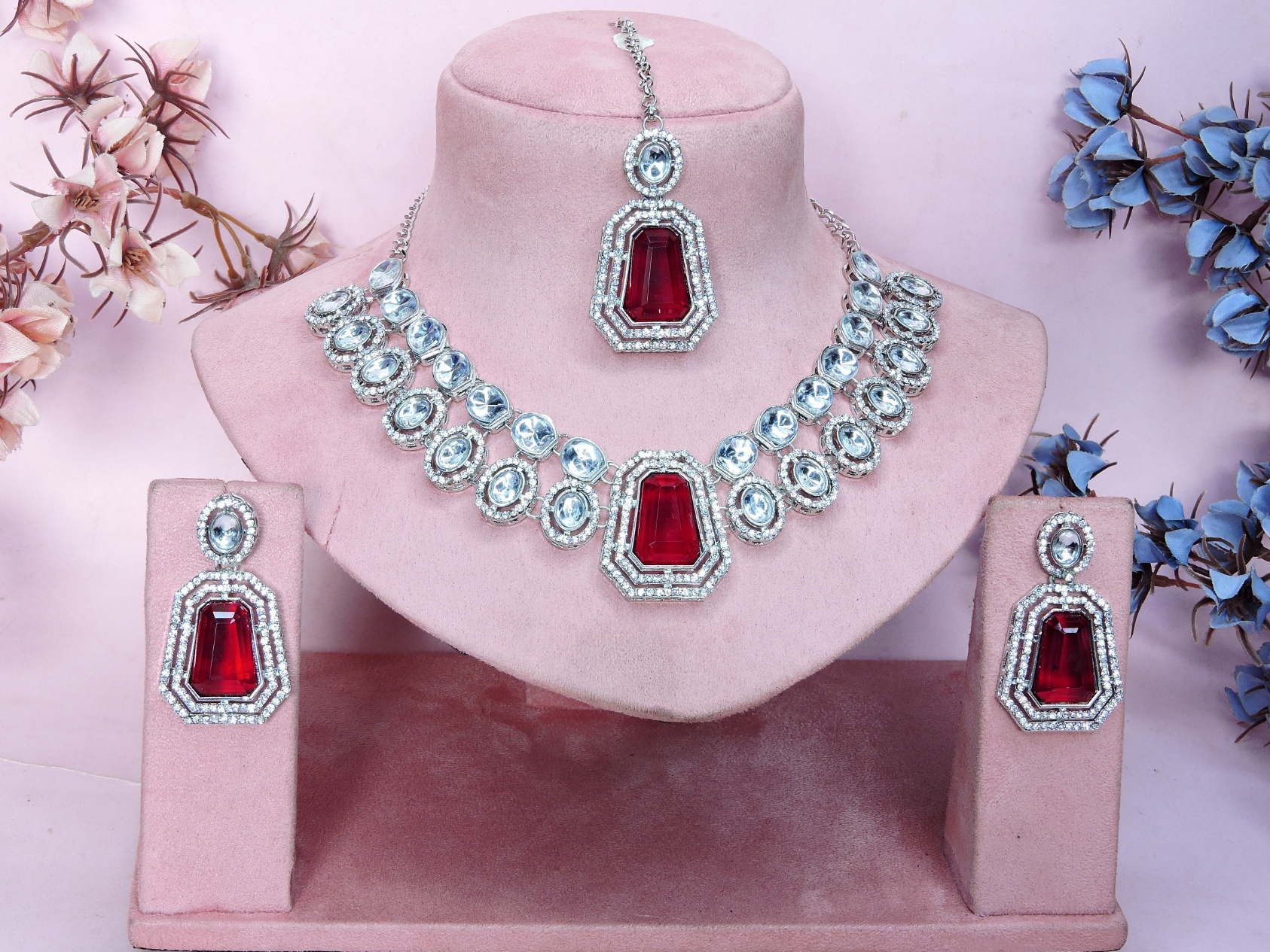 Maroon Royale Stone Alloy Bridal Necklace — alternate view