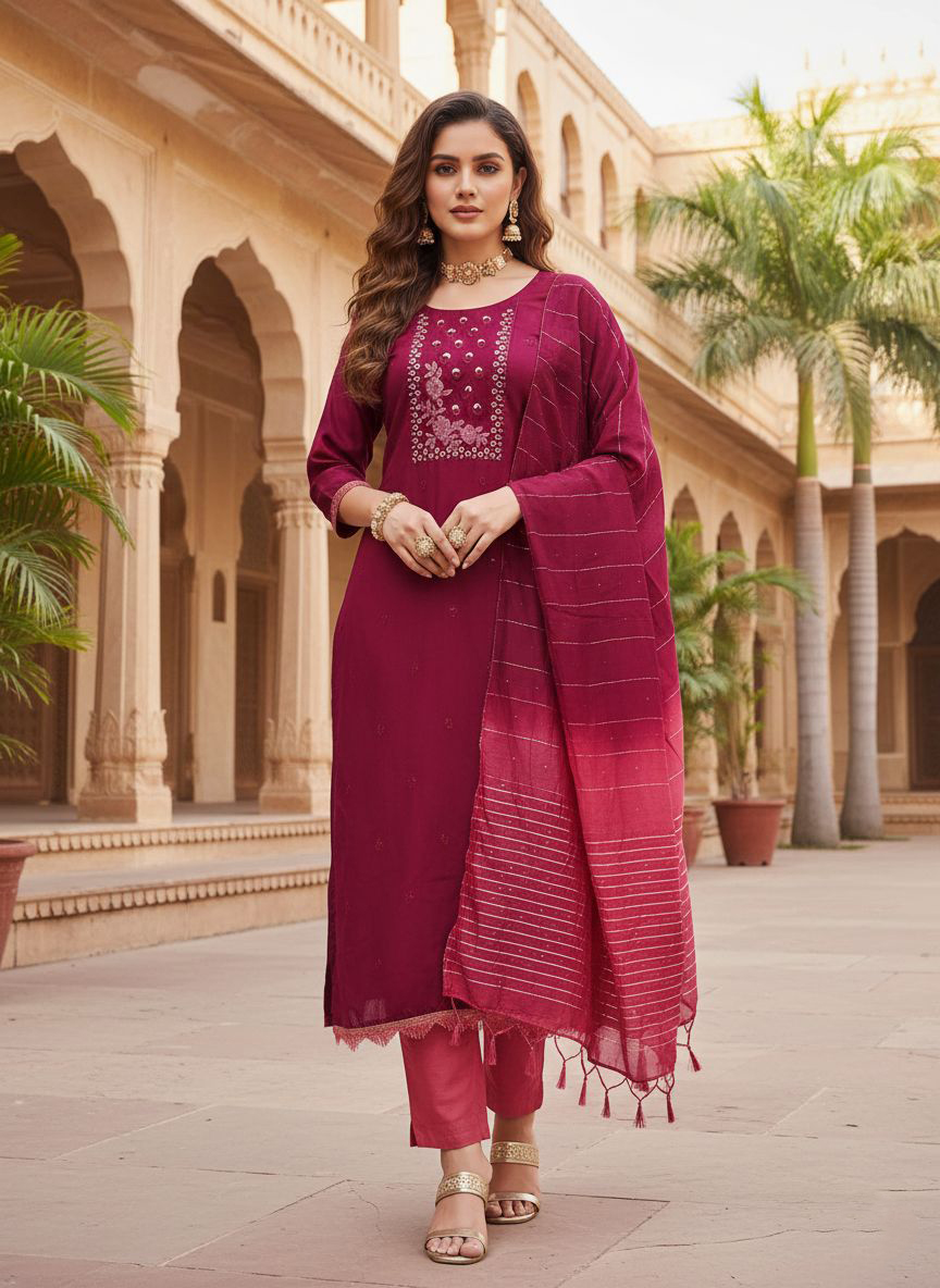 Maroon Rust Embroidered Coco Silk Salwar Suit
