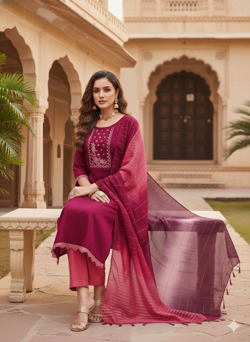Maroon Rust Embroidered Coco Silk Salwar Suit — alternate view