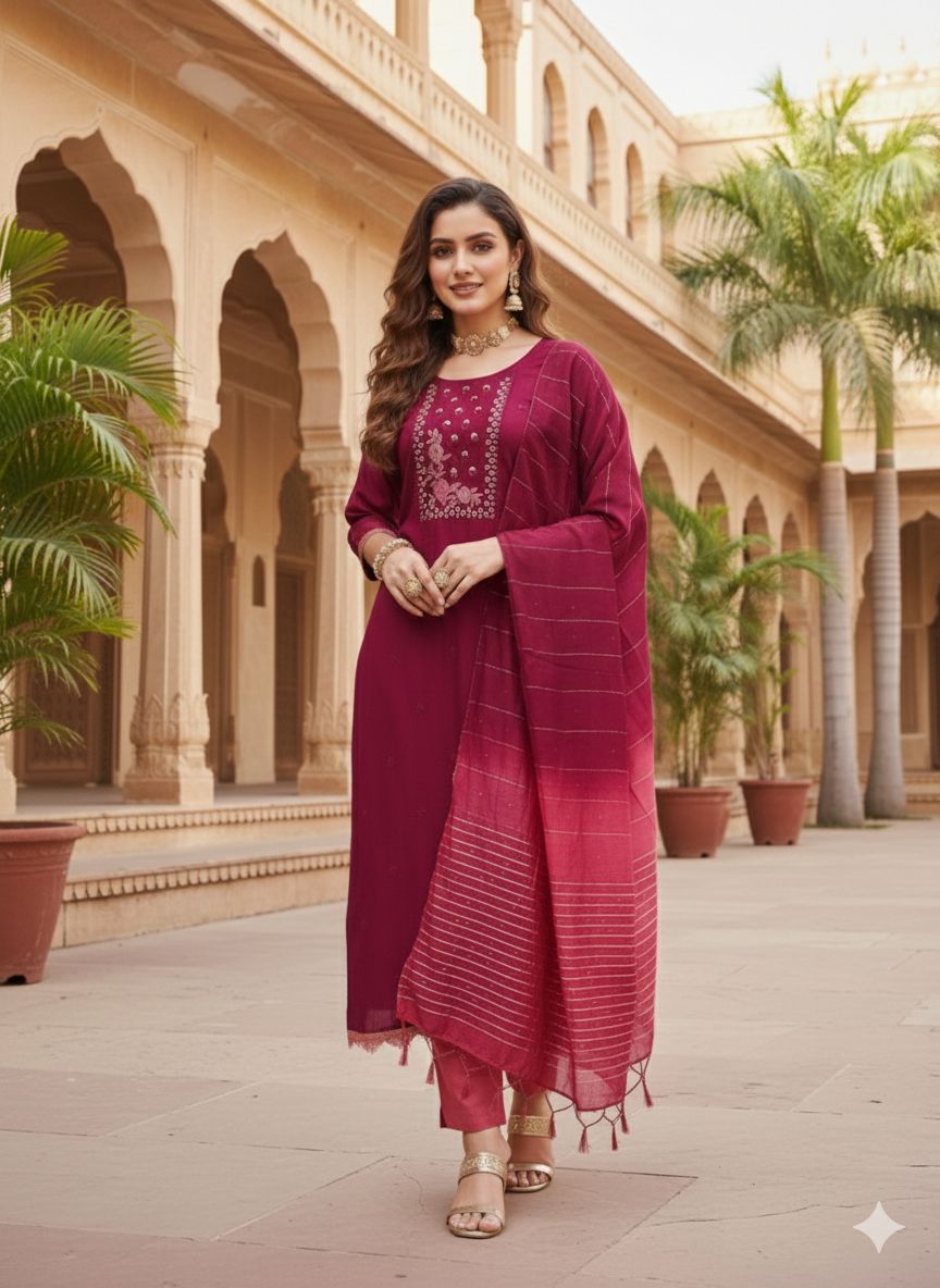 Maroon Rust Embroidered Coco Silk Salwar Suit