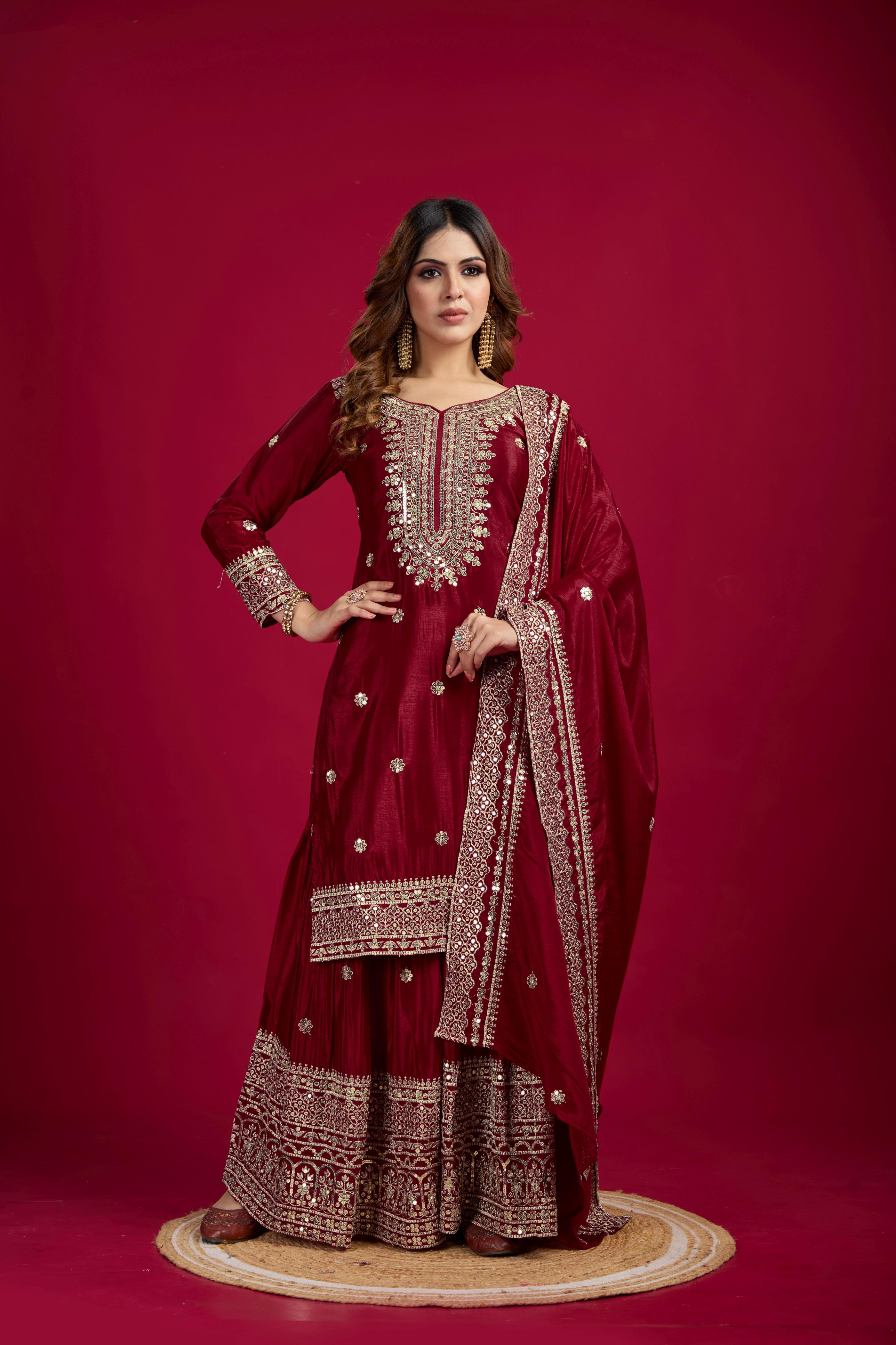 Maroon Sequins work Sharara Suit