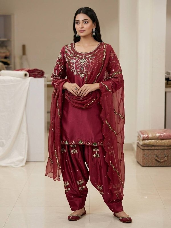 Maroon Sequinsd Satin Semi-Patiala Suit