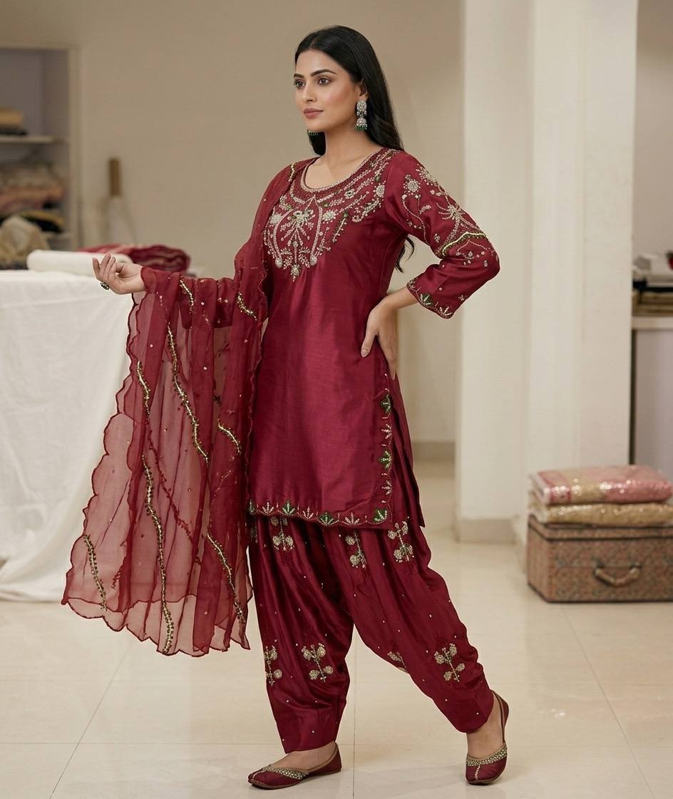 Maroon Sequinsd Satin Semi-Patiala Suit — alternate view