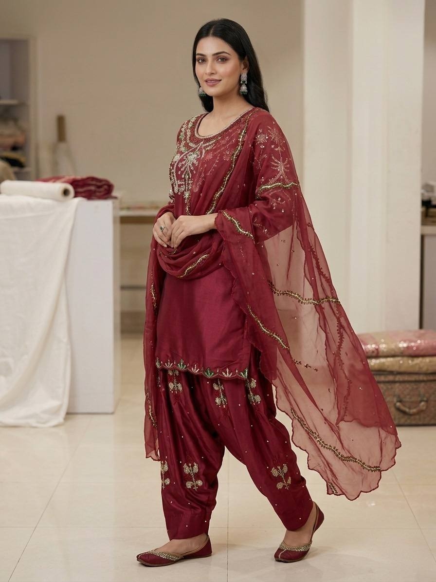 Maroon Sequinsd Satin Semi-Patiala Suit