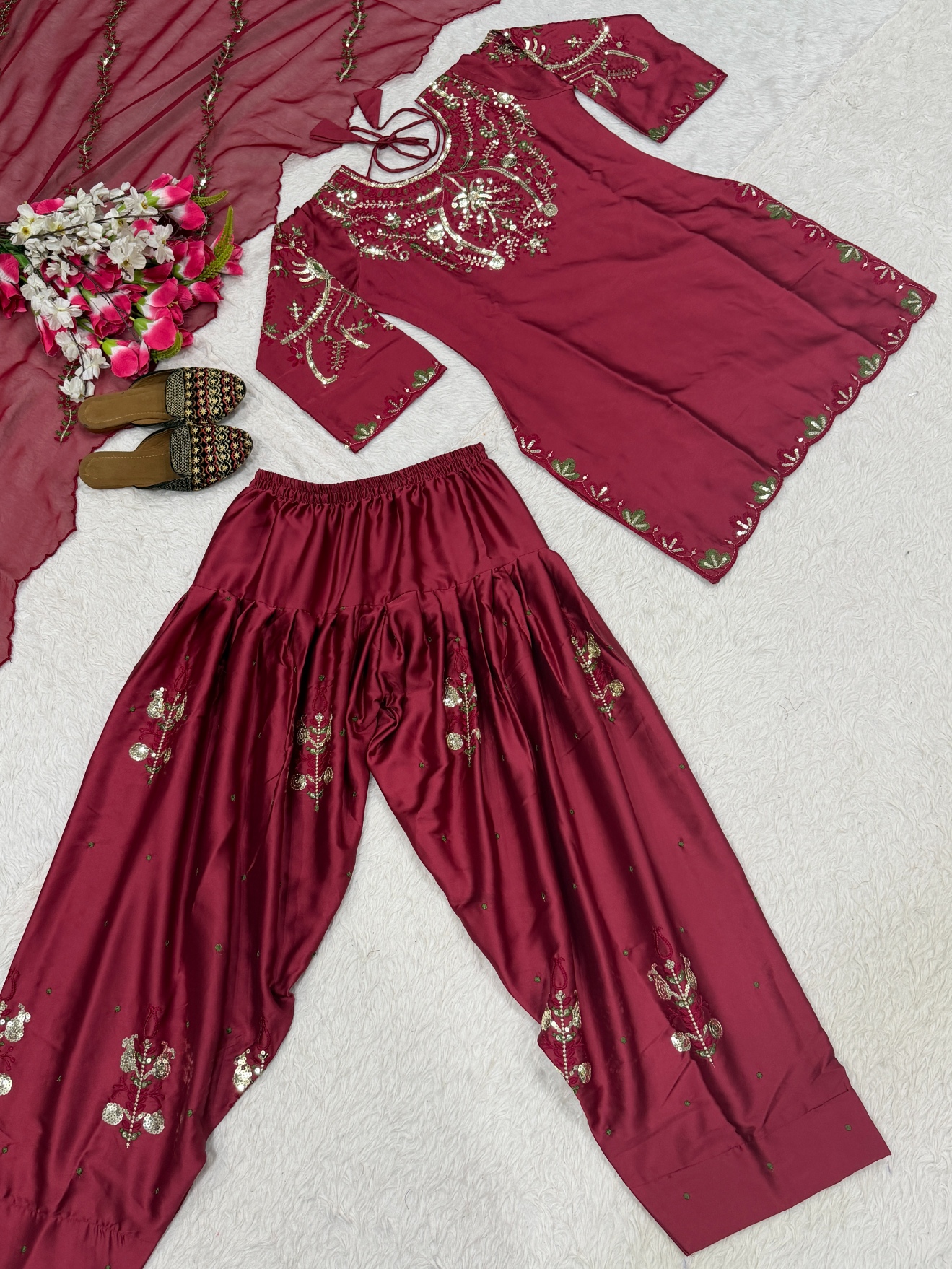 Maroon Sequinsd Satin Semi-Patiala Suit