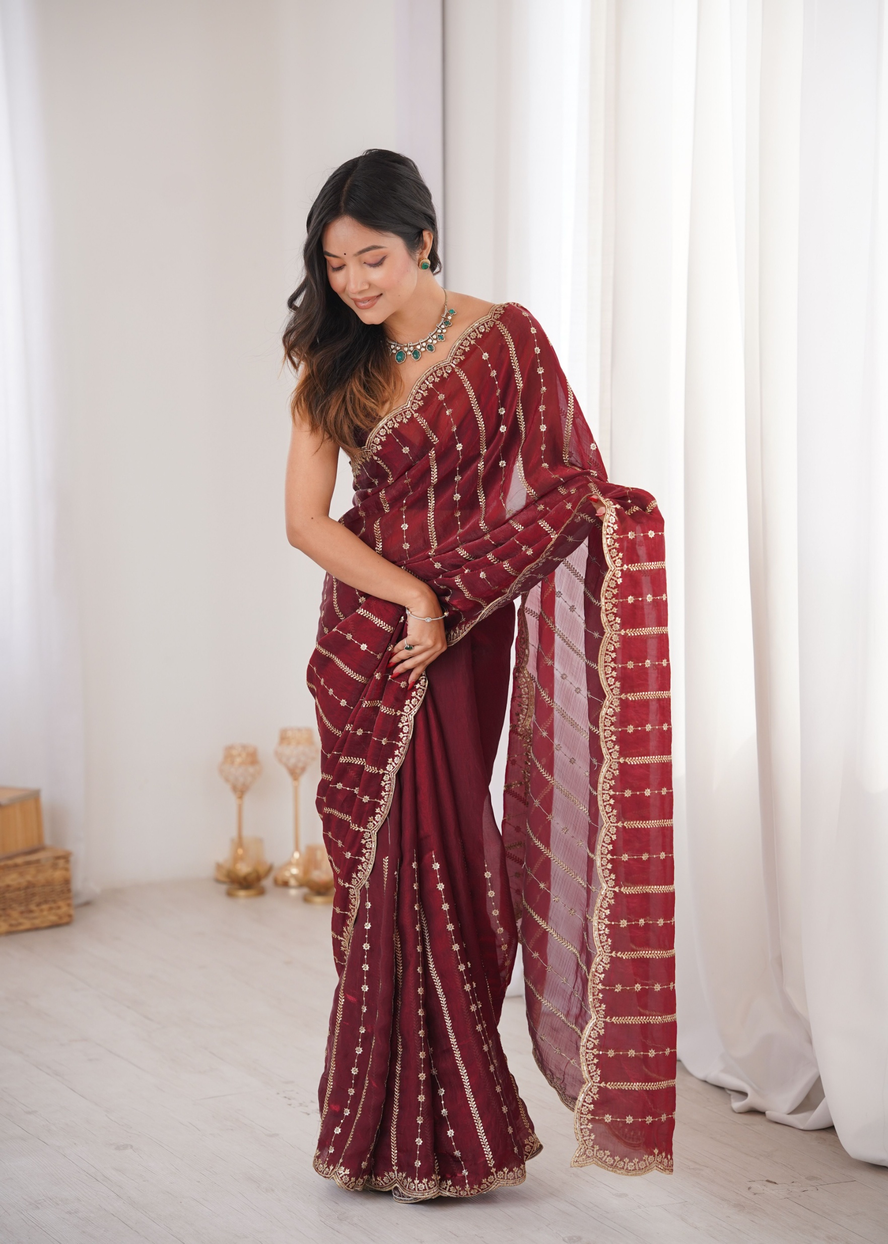 Maroon Sequin Embroidered Fendy Satin Saree