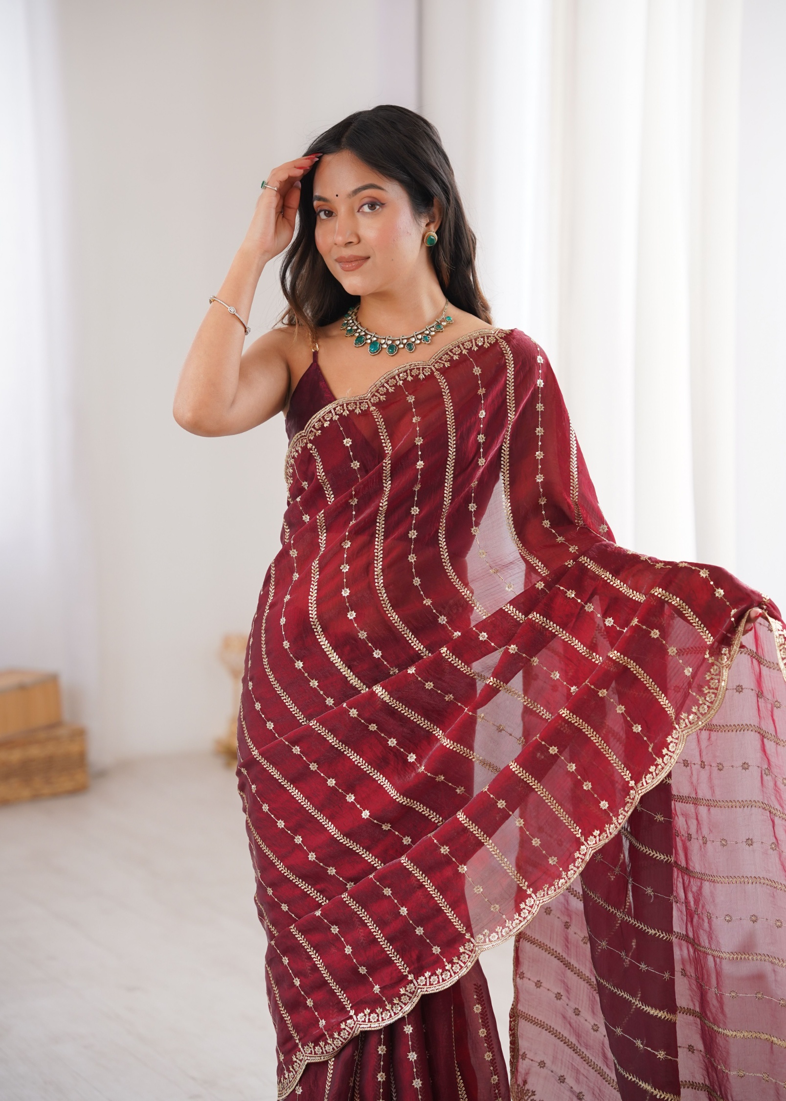 Maroon Sequin Embroidered Fendy Satin Saree — alternate view