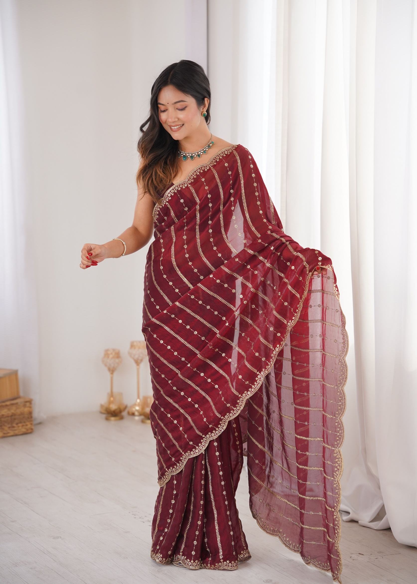 Maroon Sequin Embroidered Fendy Satin Saree