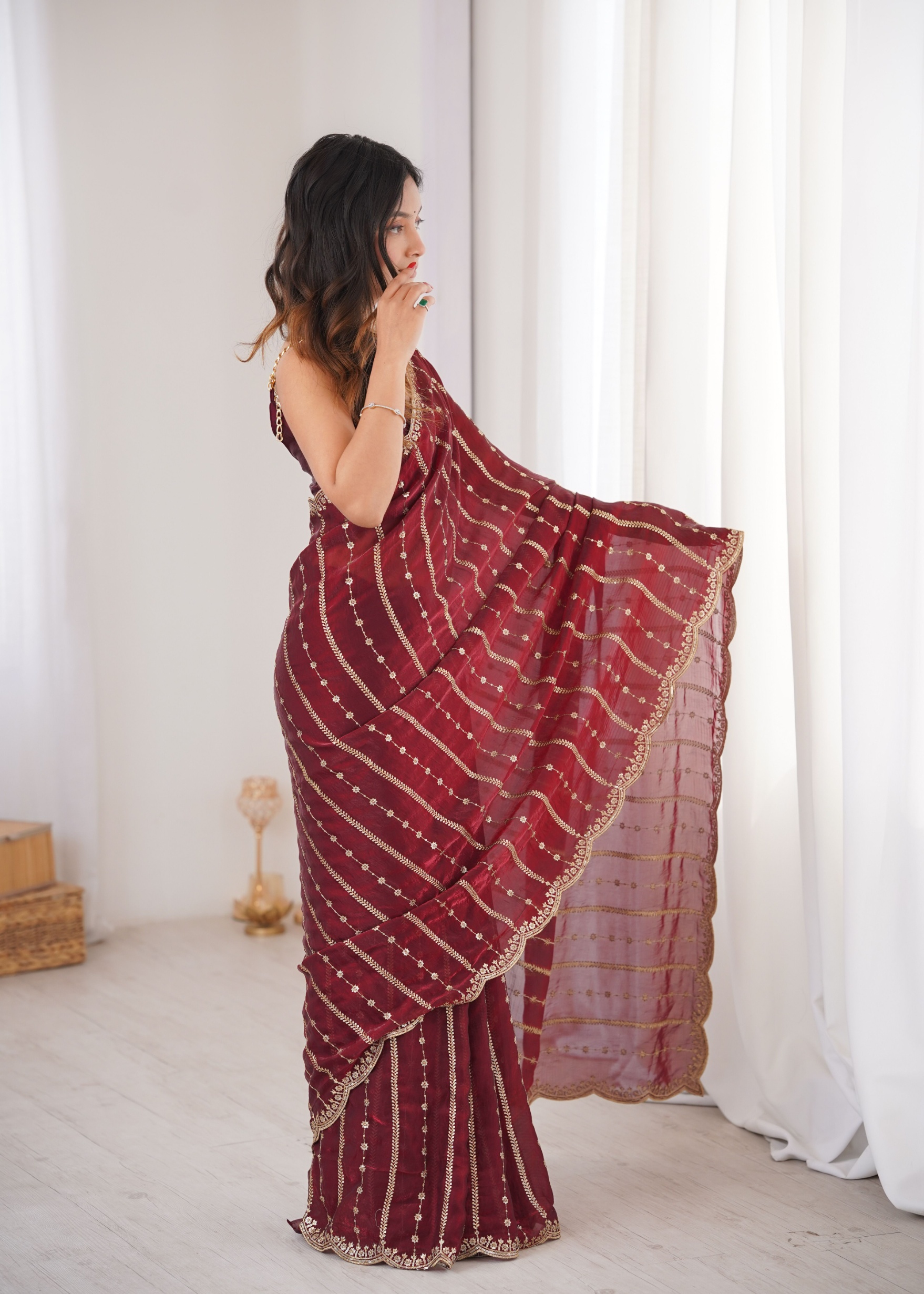 Maroon Sequin Embroidered Fendy Satin Saree