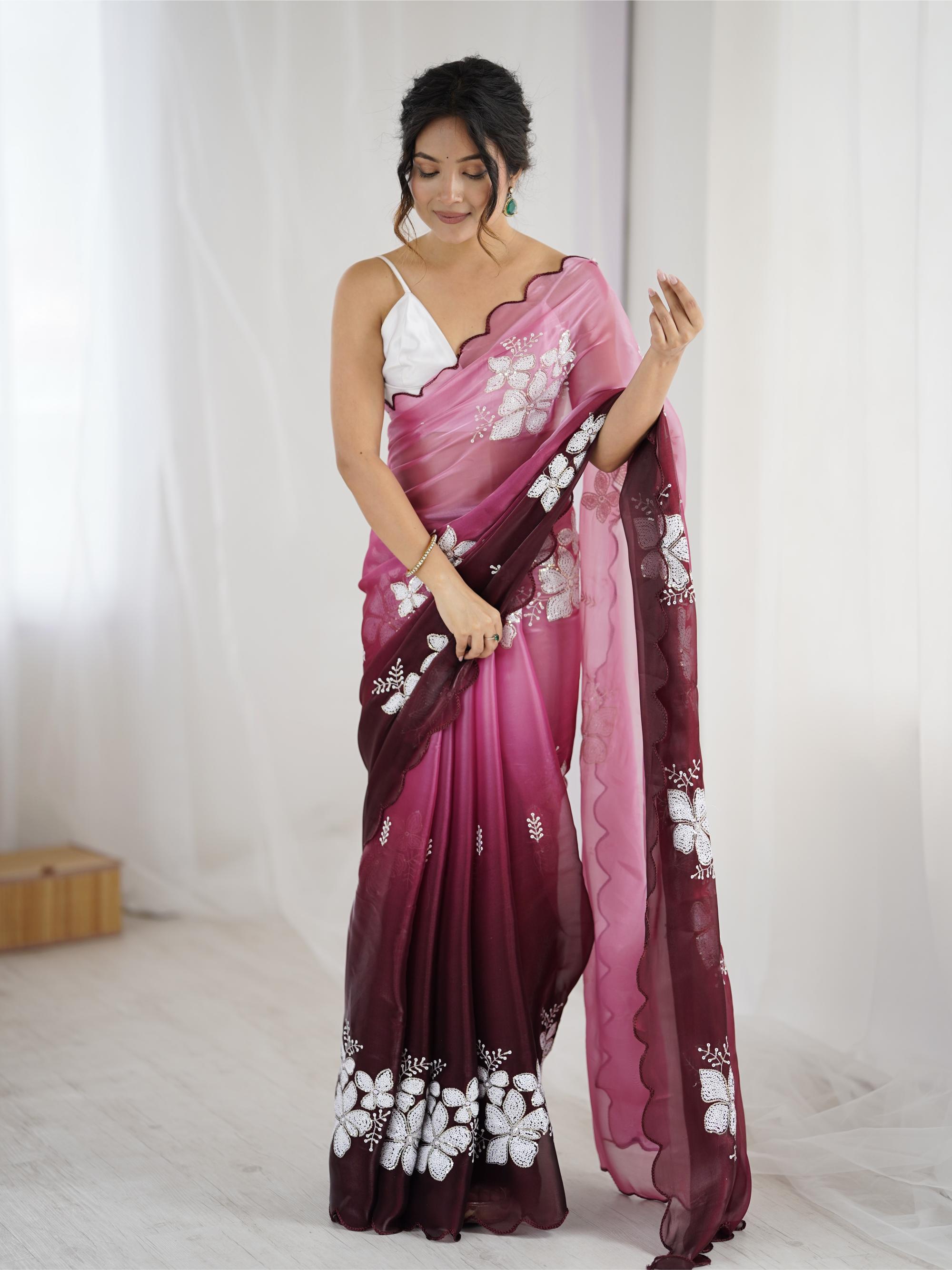 Maroon Sequins Embroidered Jimmy Choo Saree