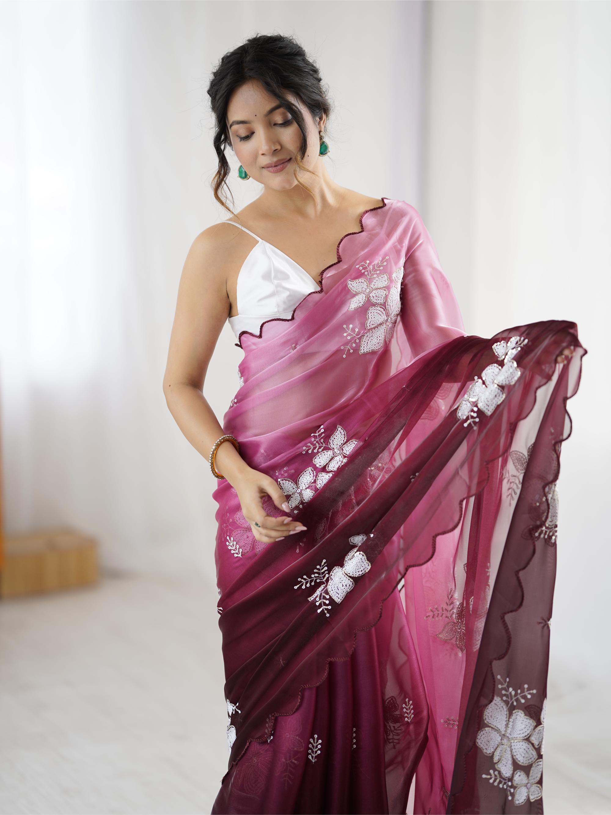 Maroon Sequins Embroidered Jimmy Choo Saree