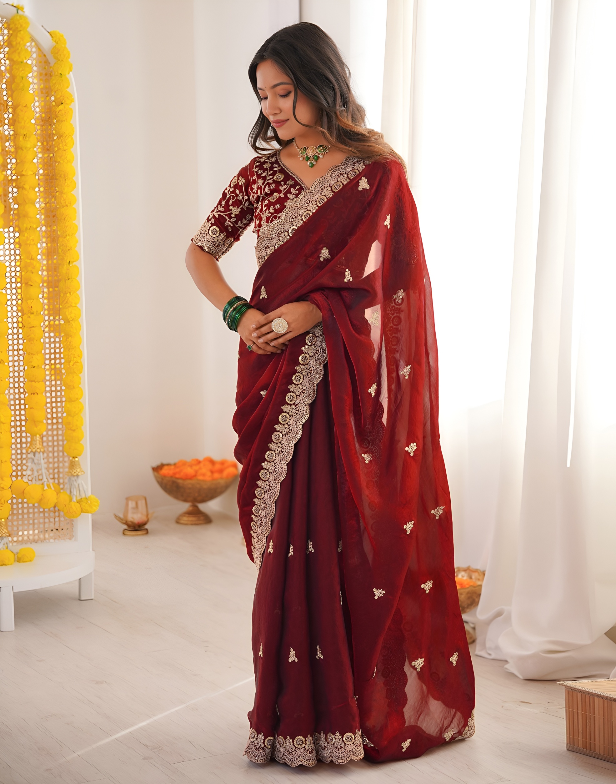 Maroon Sequins Fendy Satin Silk Saree
