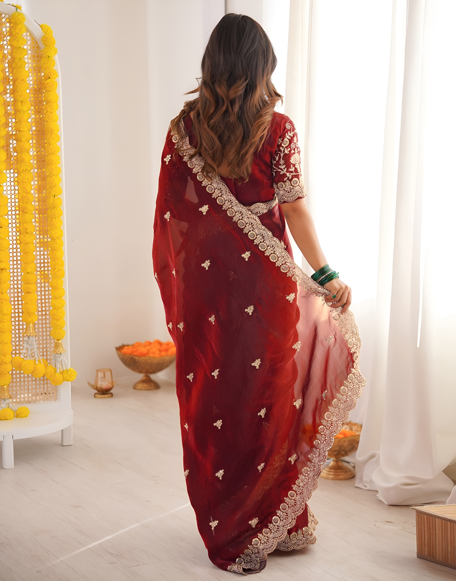 Maroon Sequins Fendy Satin Silk Saree — alternate view