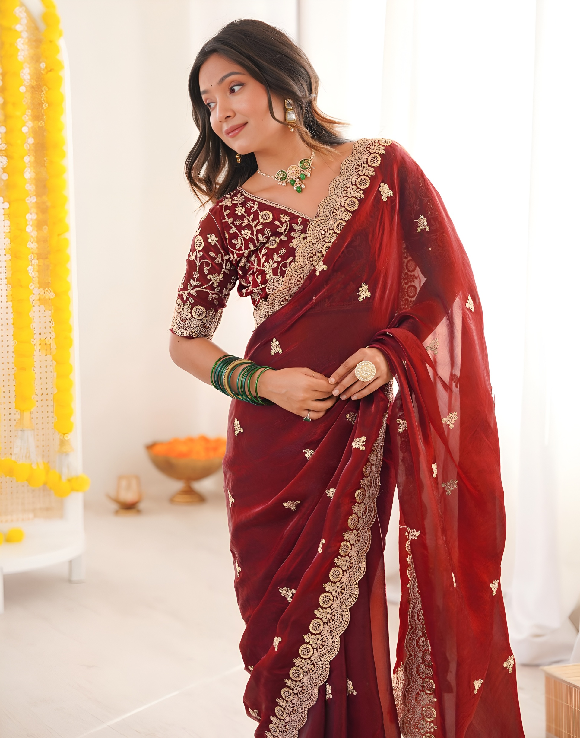 Maroon Sequins Fendy Satin Silk Saree