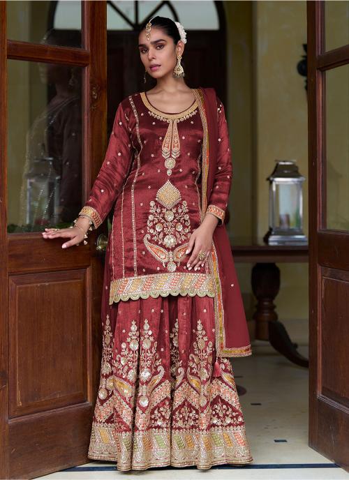 Maroon Shimmer Silk Long Choli Lehenga