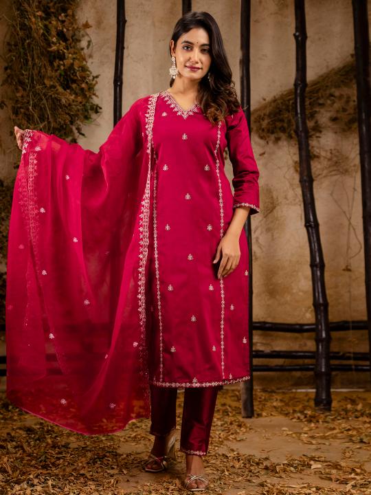 Maroon Silk Blend Readymade Suit with Organza Dupatta
