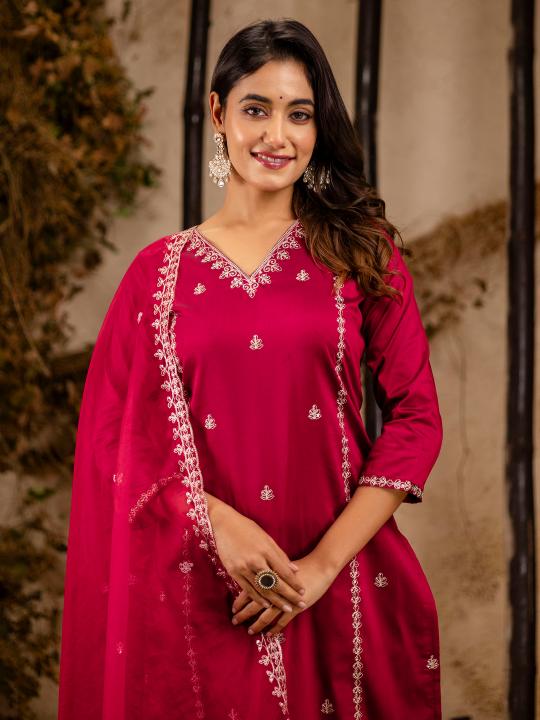Maroon Silk Blend Readymade Suit with Organza Dupatta