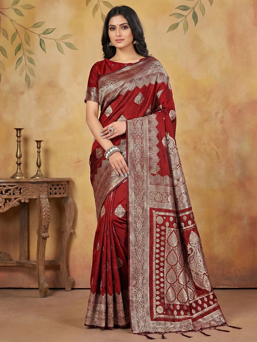Maroon Silk Blend Woven Designer Festive Wear Saree