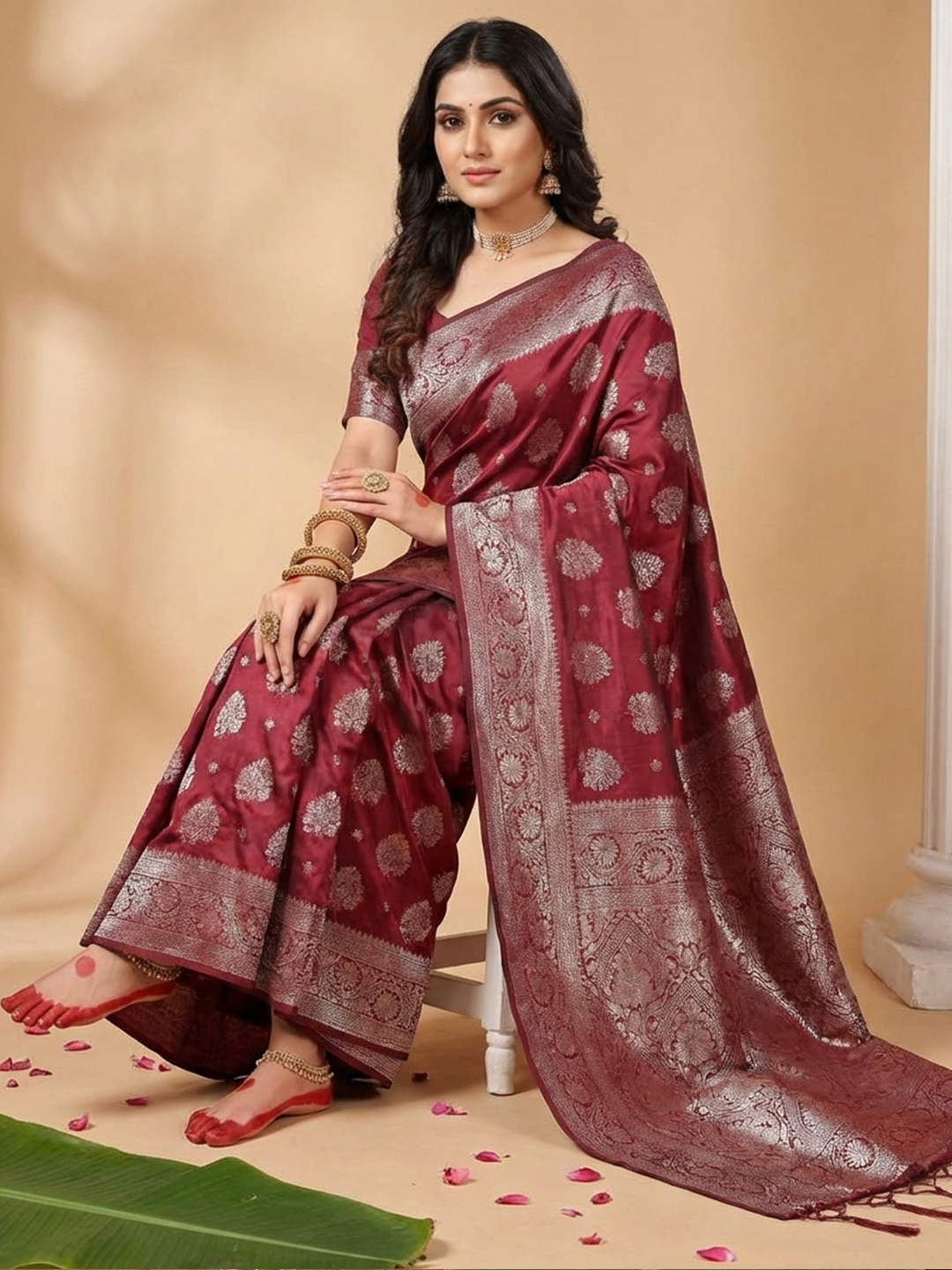Maroon Silk Blend Woven Designer Saree