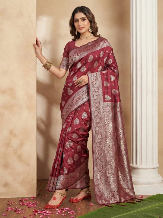 Maroon Silk Blend Woven Designer Saree