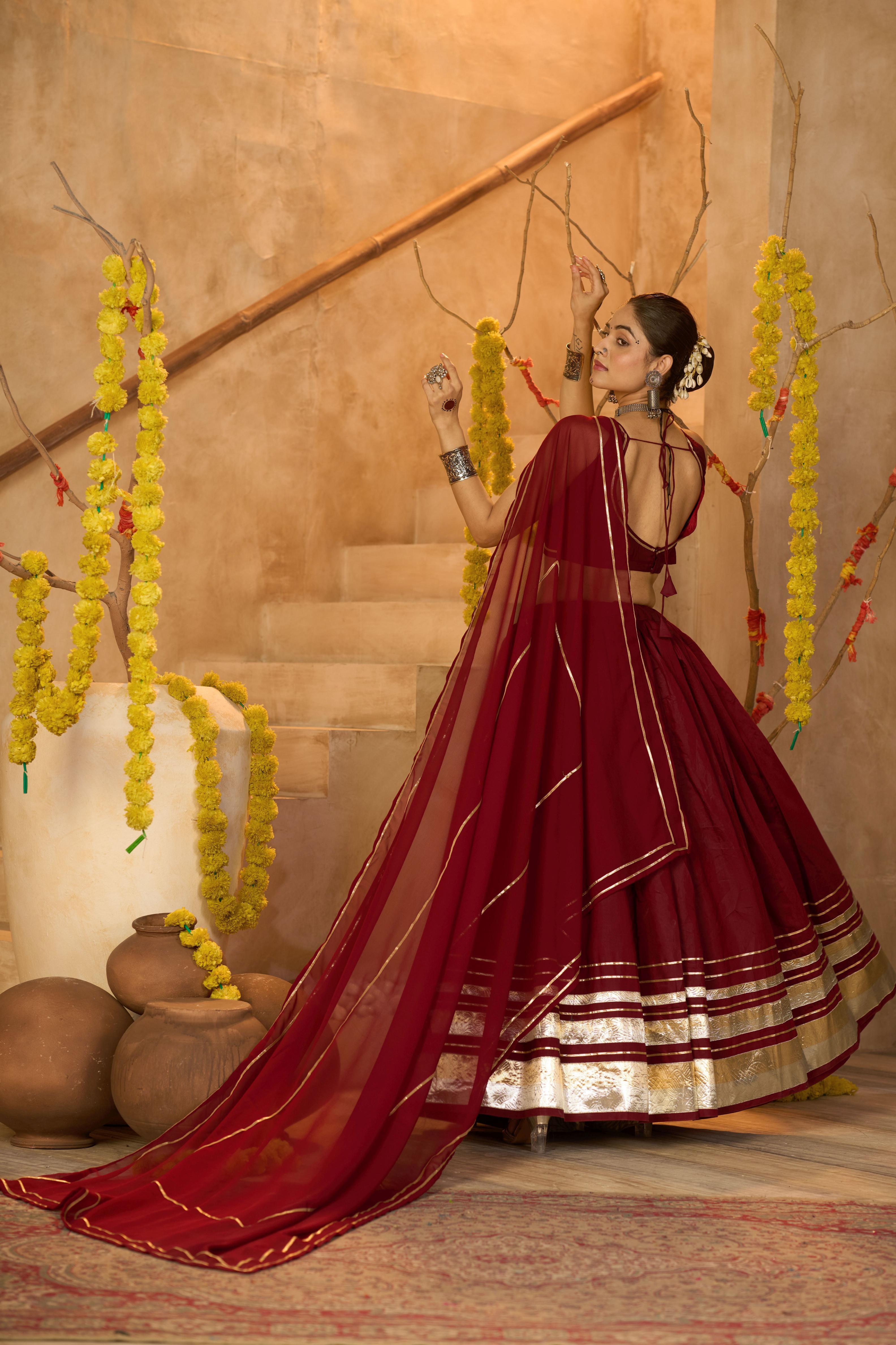 Maroon Silk Crepe Lace Work Lehenga